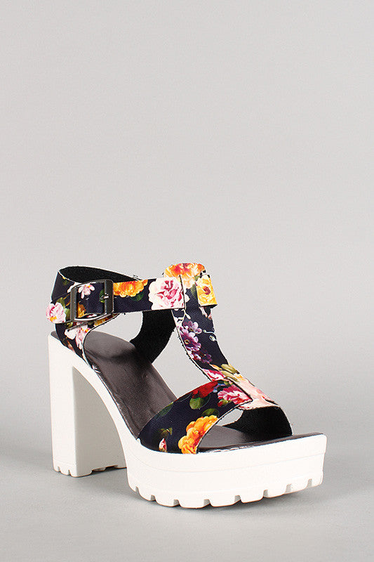 Floral Buckle Open Toe Chunky Platform Heel