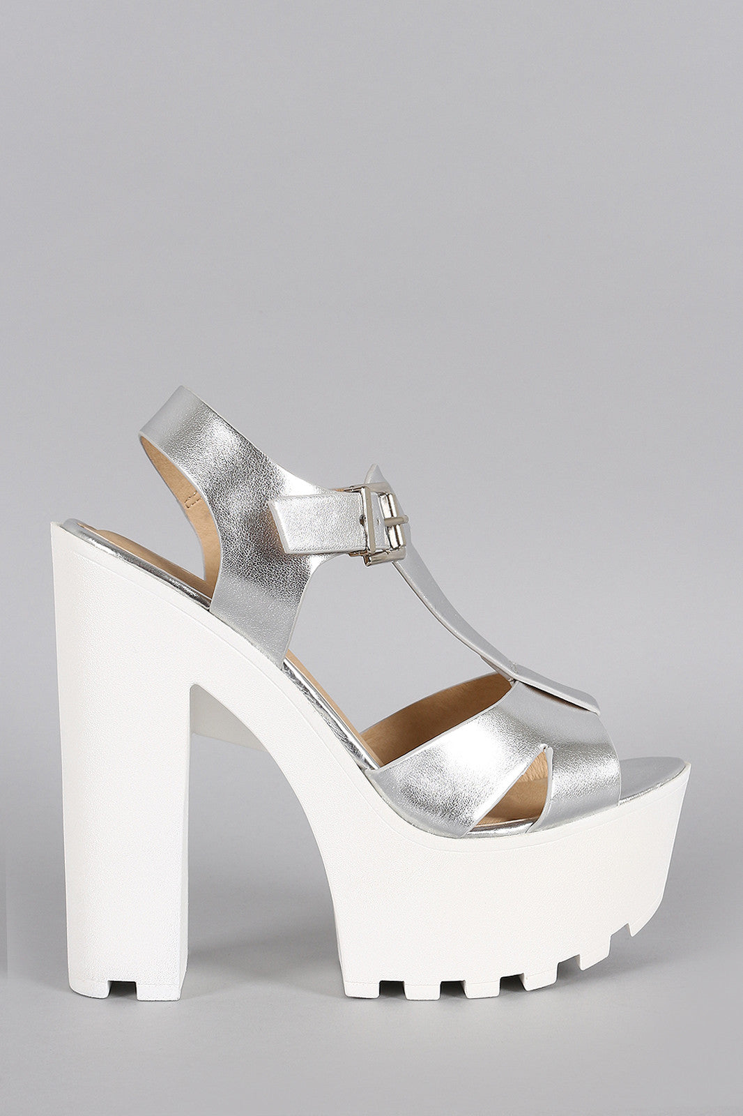 Soda Metallic T-Strap Lug Sole Platform Heel