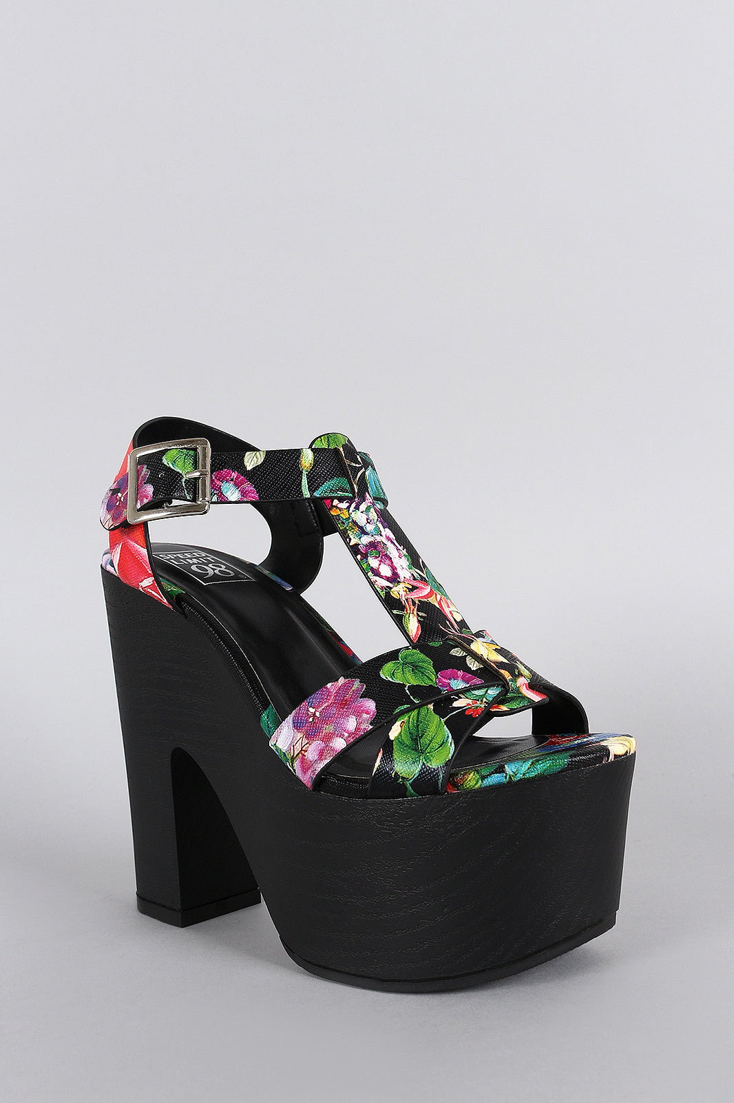 Speed Limit 98 Floral T-Strap Chunky Platform Heel