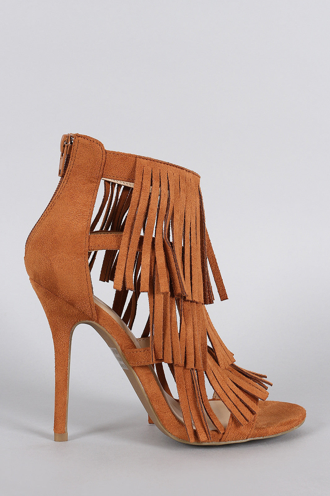 Wild Diva Lounge Faux Suede Layered Fringe Open Toe Heel