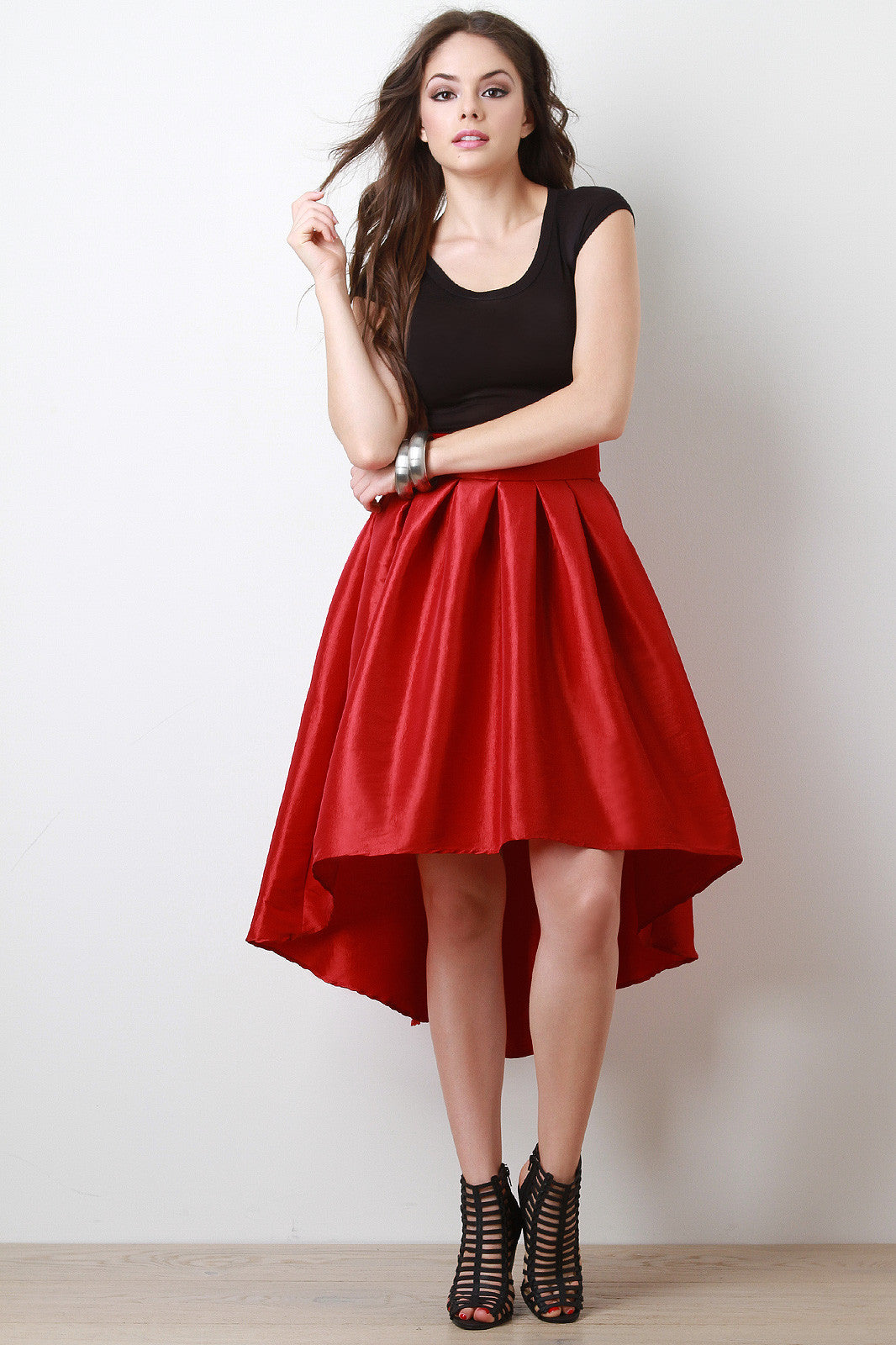 Pleated high low skirt cheap red