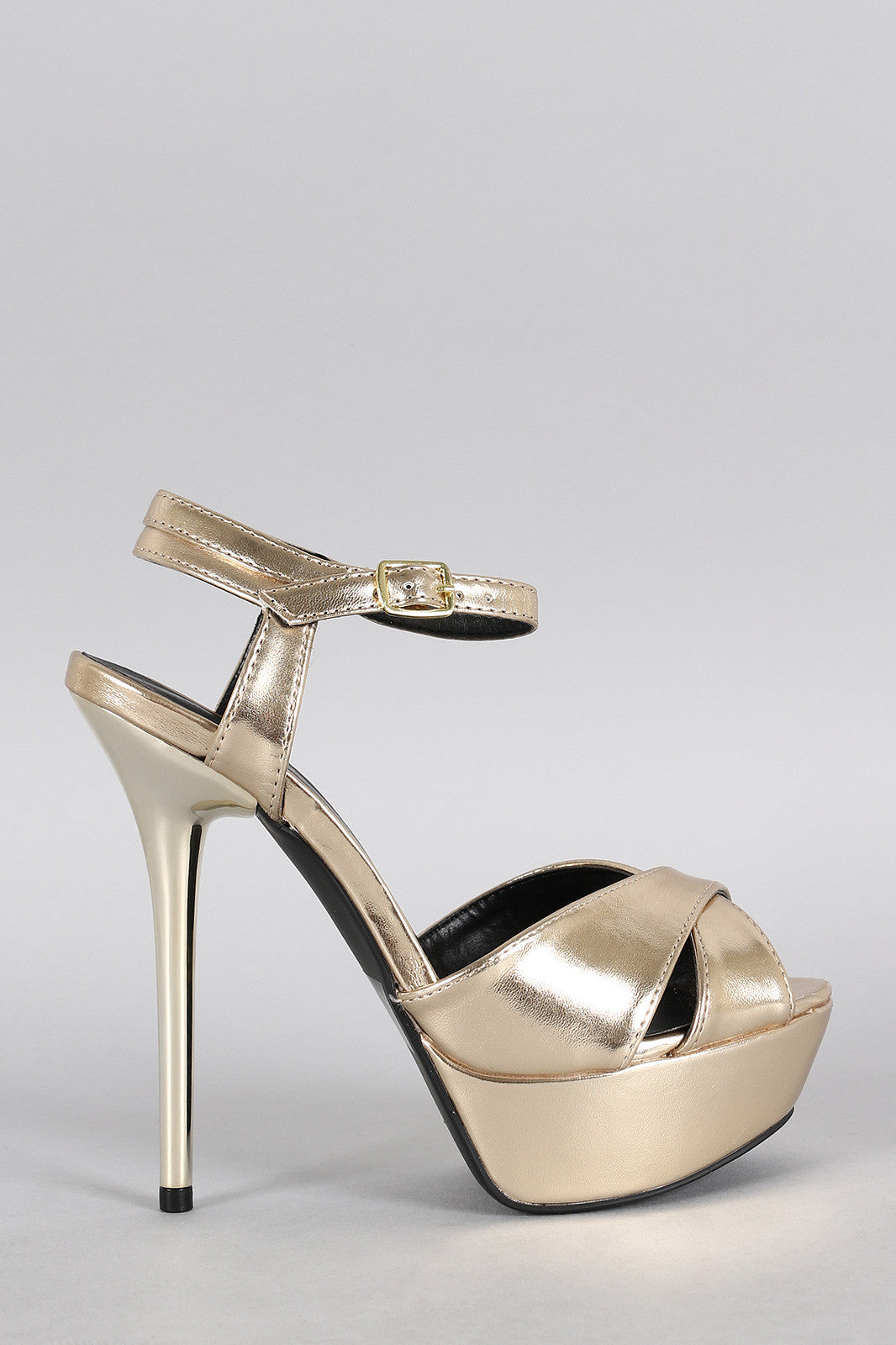 Qupid Metallic Crisscross Ankle Strap Heel