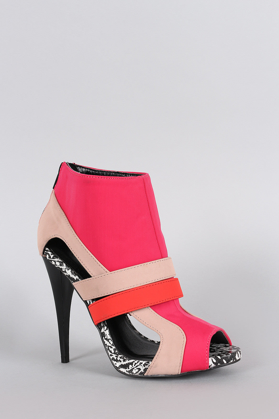 Qupid Colorblock Cutout Peep Toe Stiletto Booties