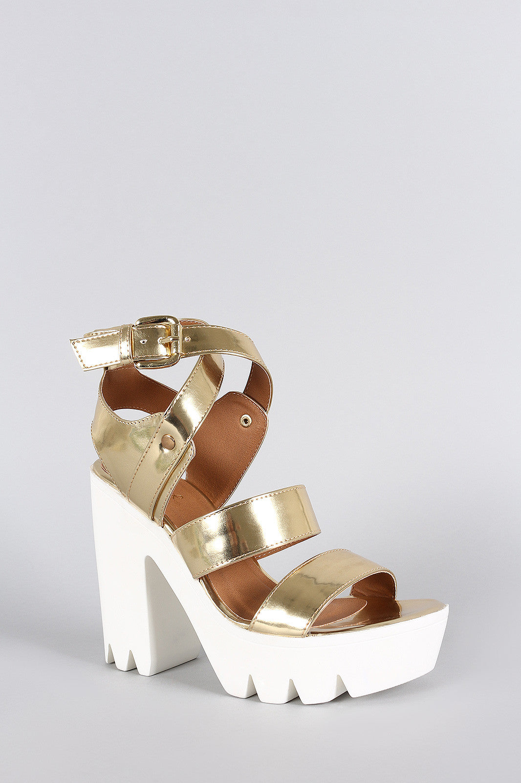 Qupid Metallic Strappy Platform Chunky Heel