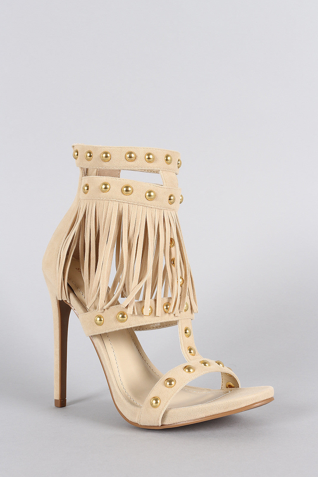 Shoe Republic LA Fierce Fringe Studded Open Toe Heel