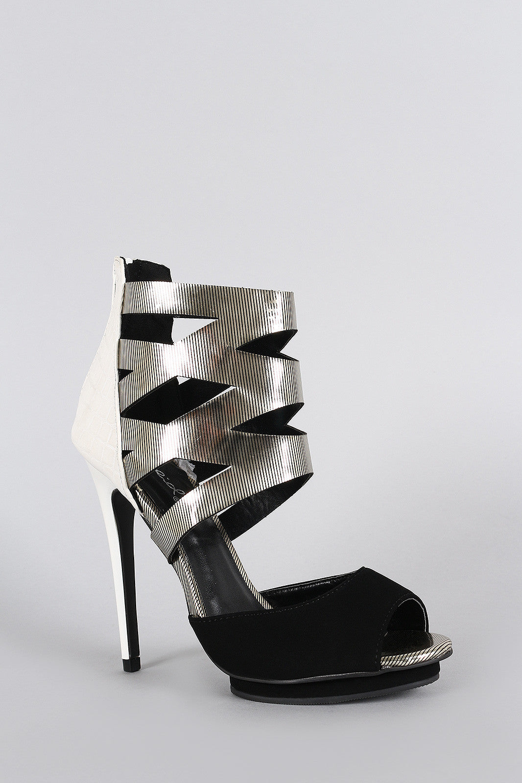 Qupid Lines Cuffed Peep Toe Contrasting Snake Platform Heel