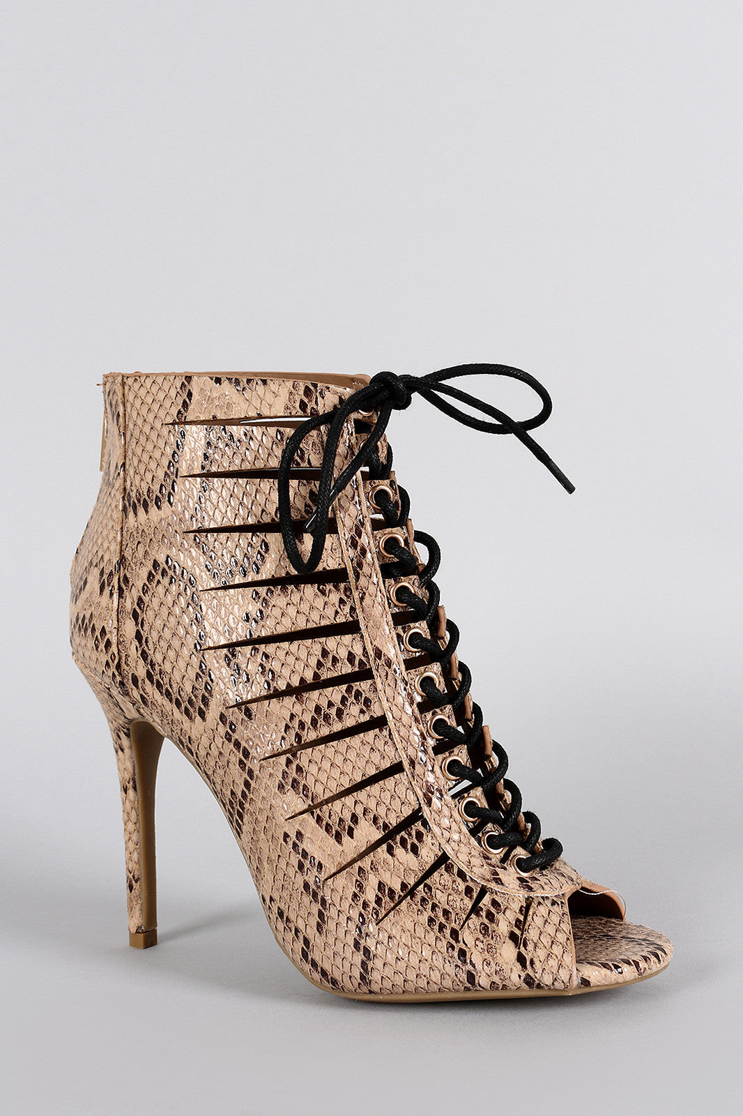 Anne Michelle Snake Slit Lace Up Peep Toe Bootie