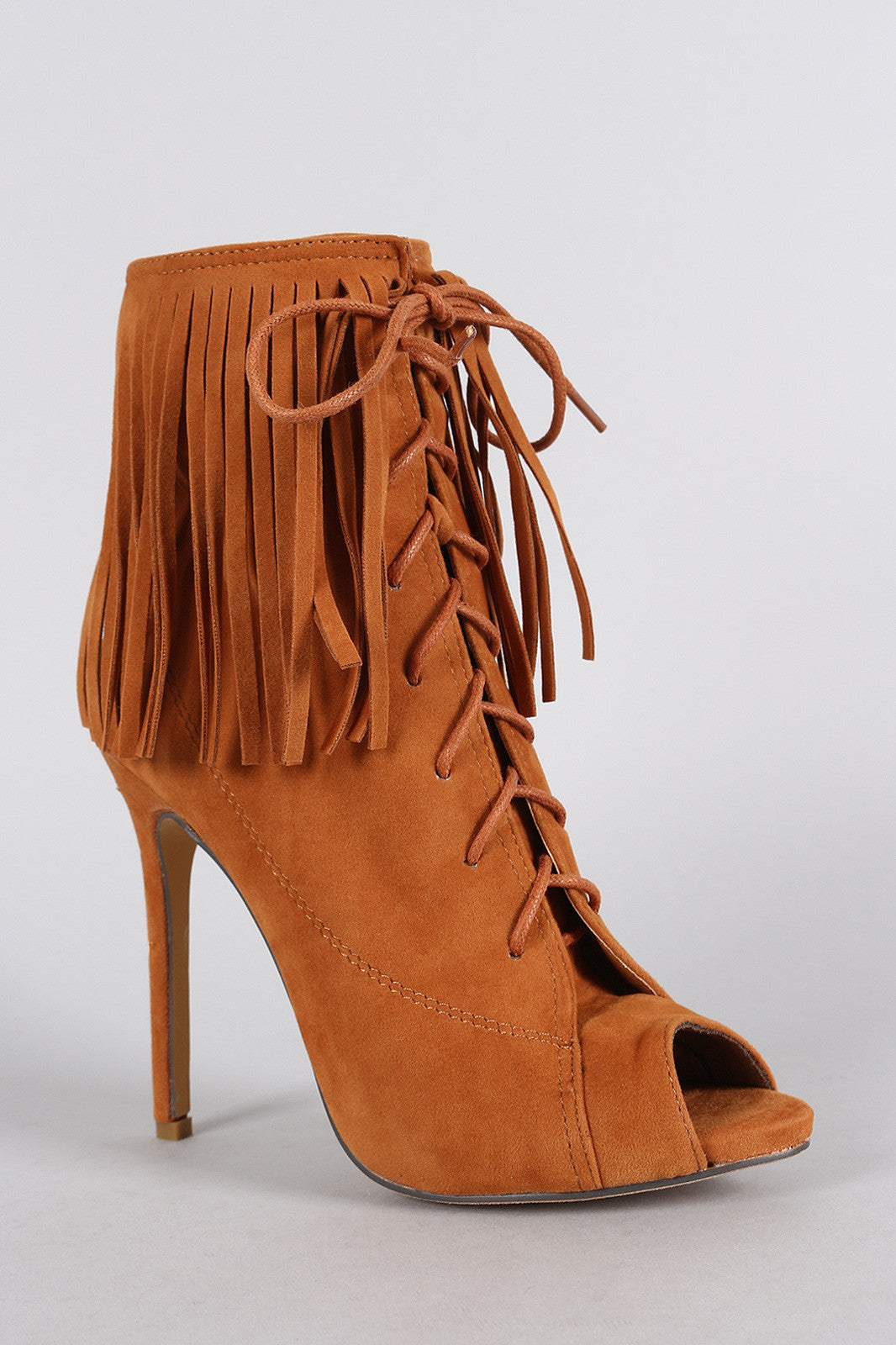 Liliana Fringe Cuff Corset Laces Peep Toe Booties