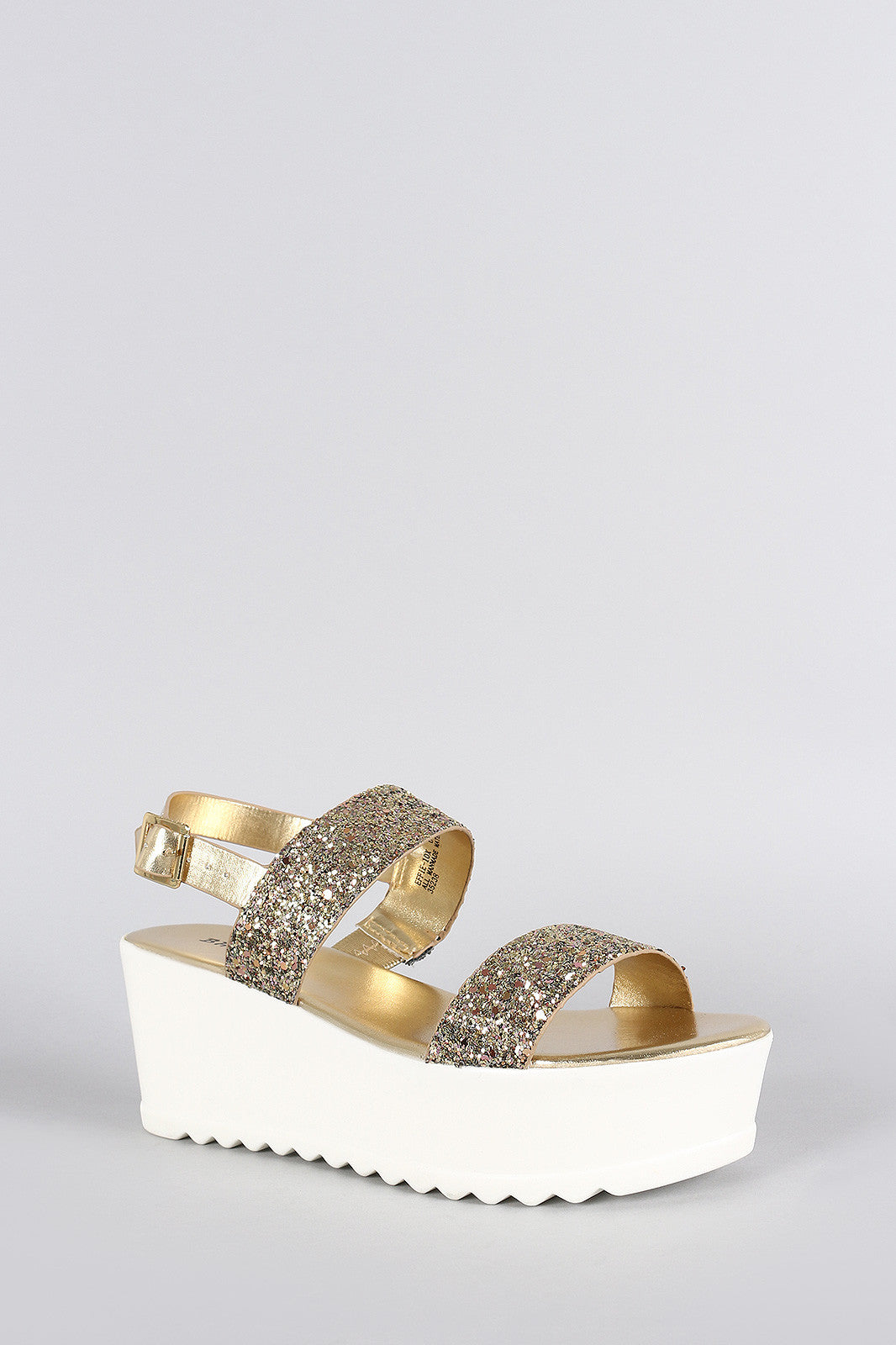 Bamboo Glitter Metallic Open Toe Slingback Lug Sole Flatform Wedge