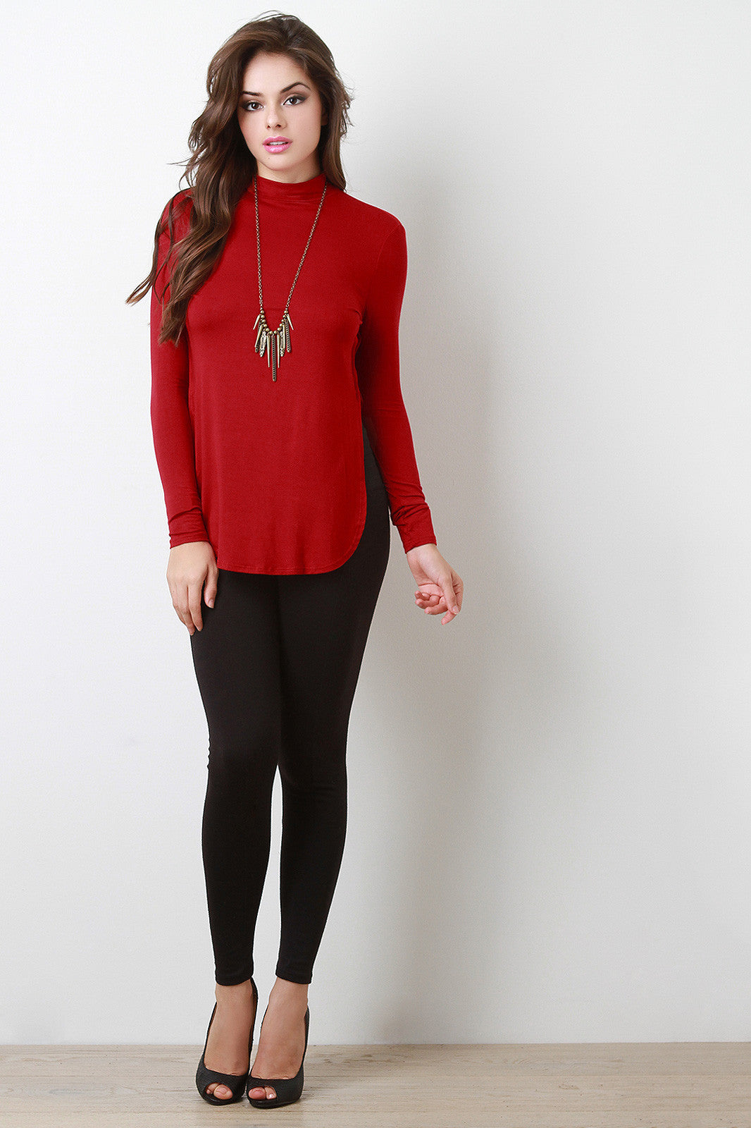 Mock Neck Long Sleeves Teardrop Open Back Top