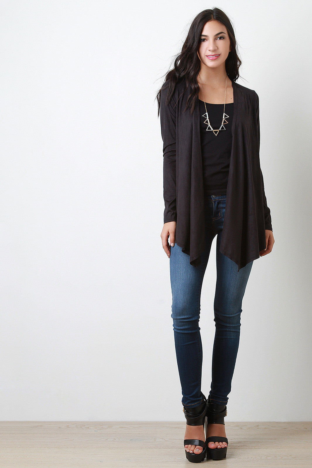 Suede Long Sleeves Drape Front Cardigan