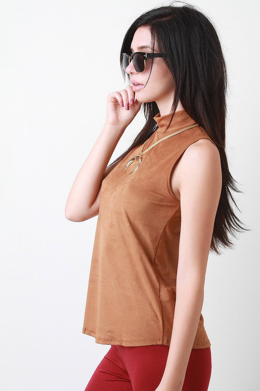 Suede Mock Neck Sleeveless Top