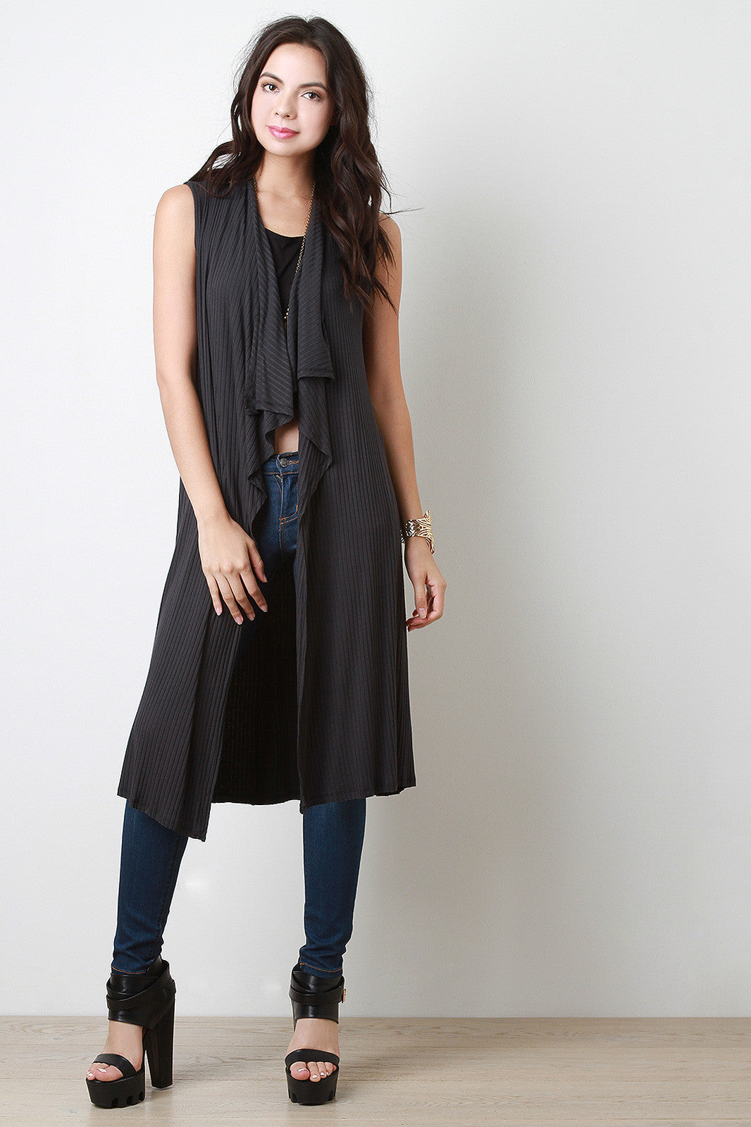 Ribbed Drape Open Front Longline Vest