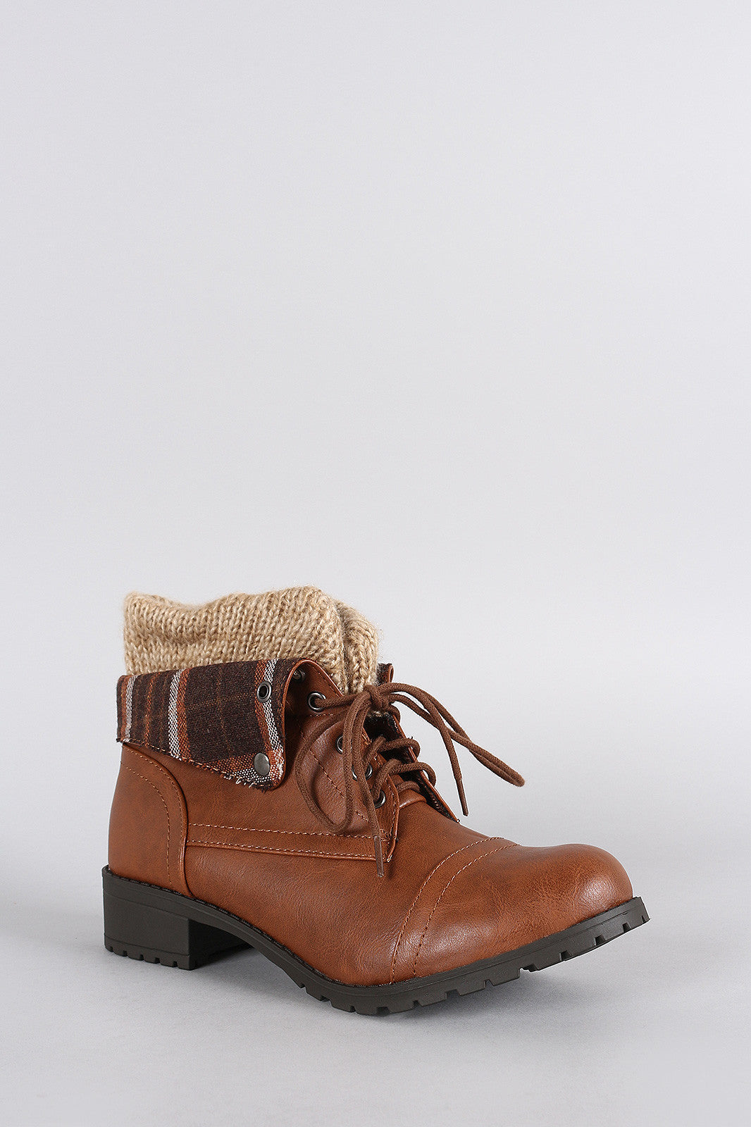 Soda Sweater Fold Over Collar Lace Up Combat Ankle Boots
