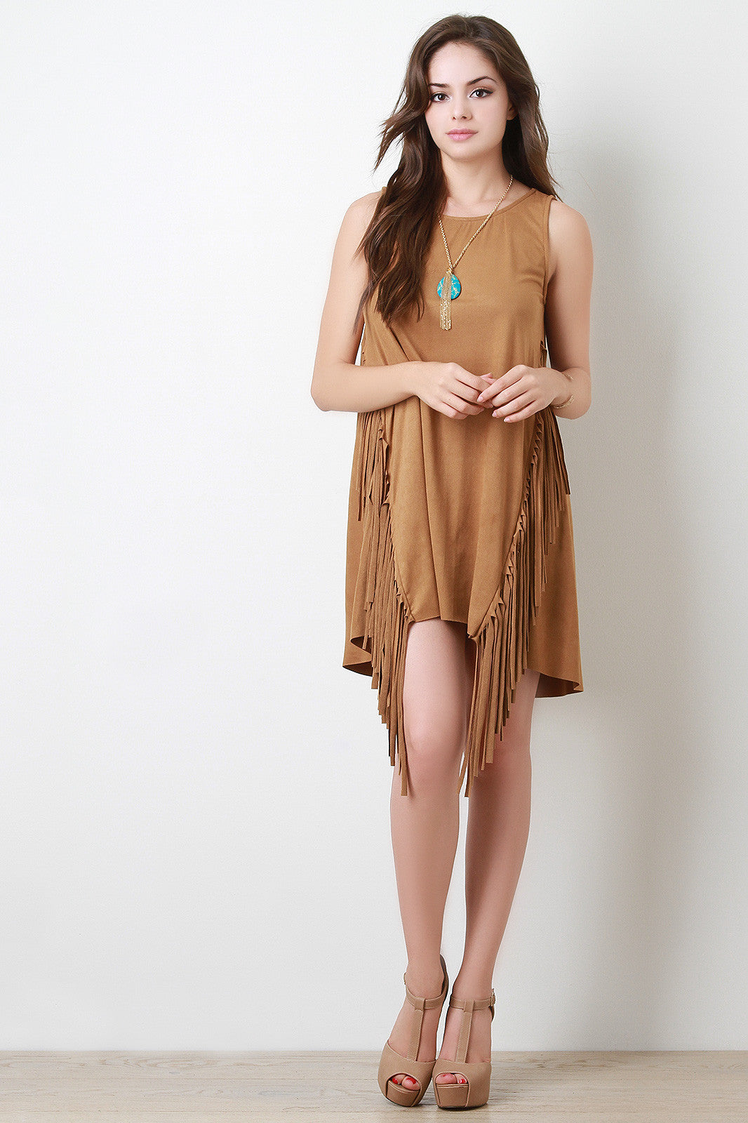 Slanted Fringe Suede Shift Mini Dress