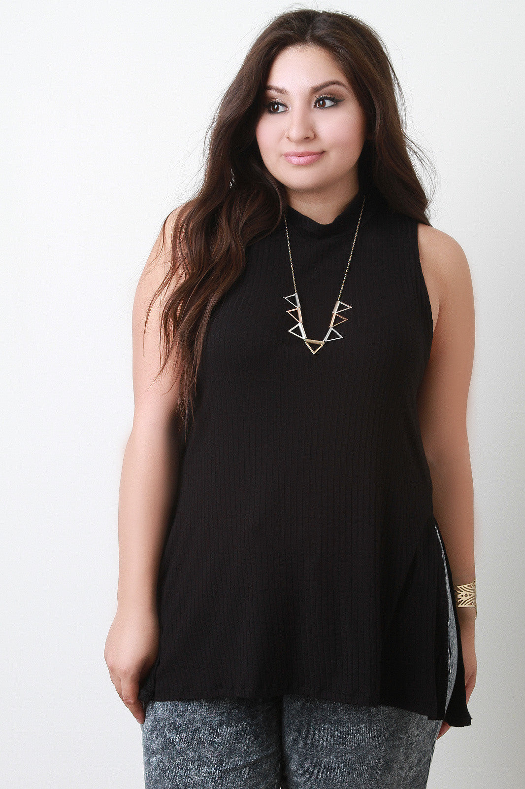 Ribbed Mock Neck Longline Sleeveless Top