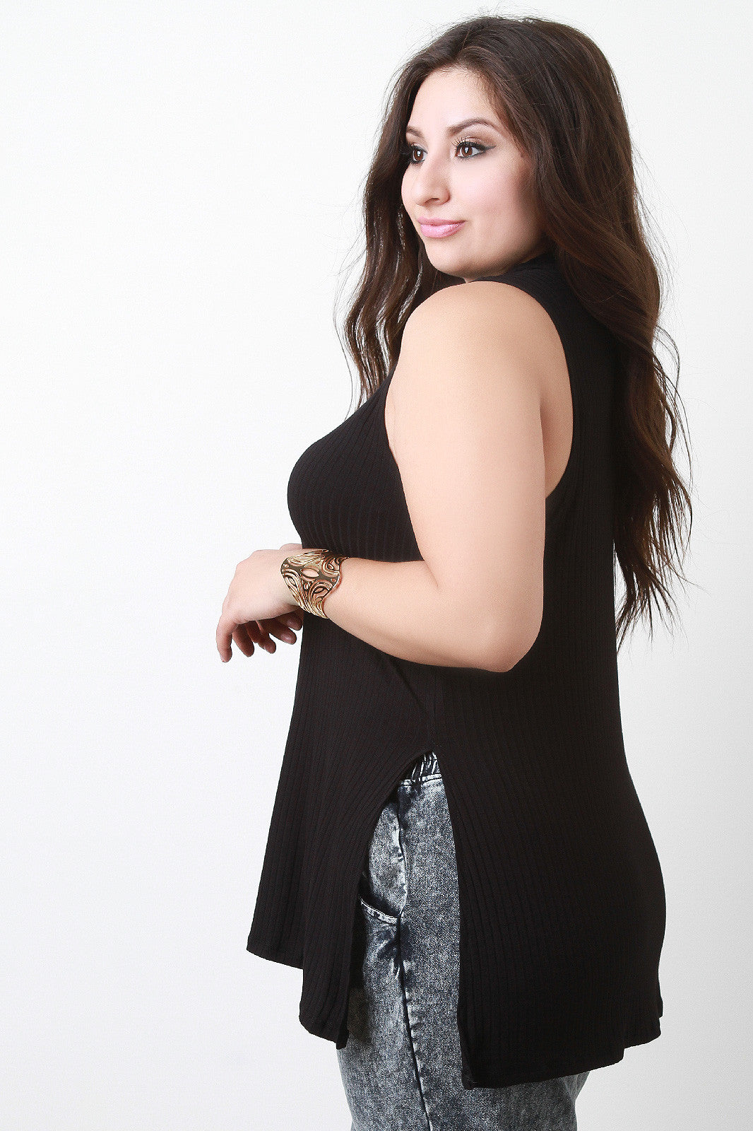 Ribbed Mock Neck Longline Sleeveless Top