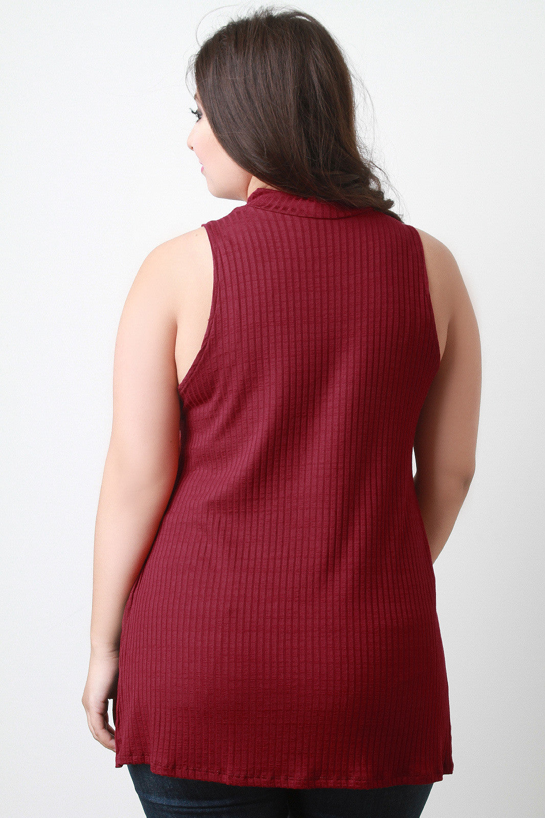 Ribbed Mock Neck Longline Sleeveless Top