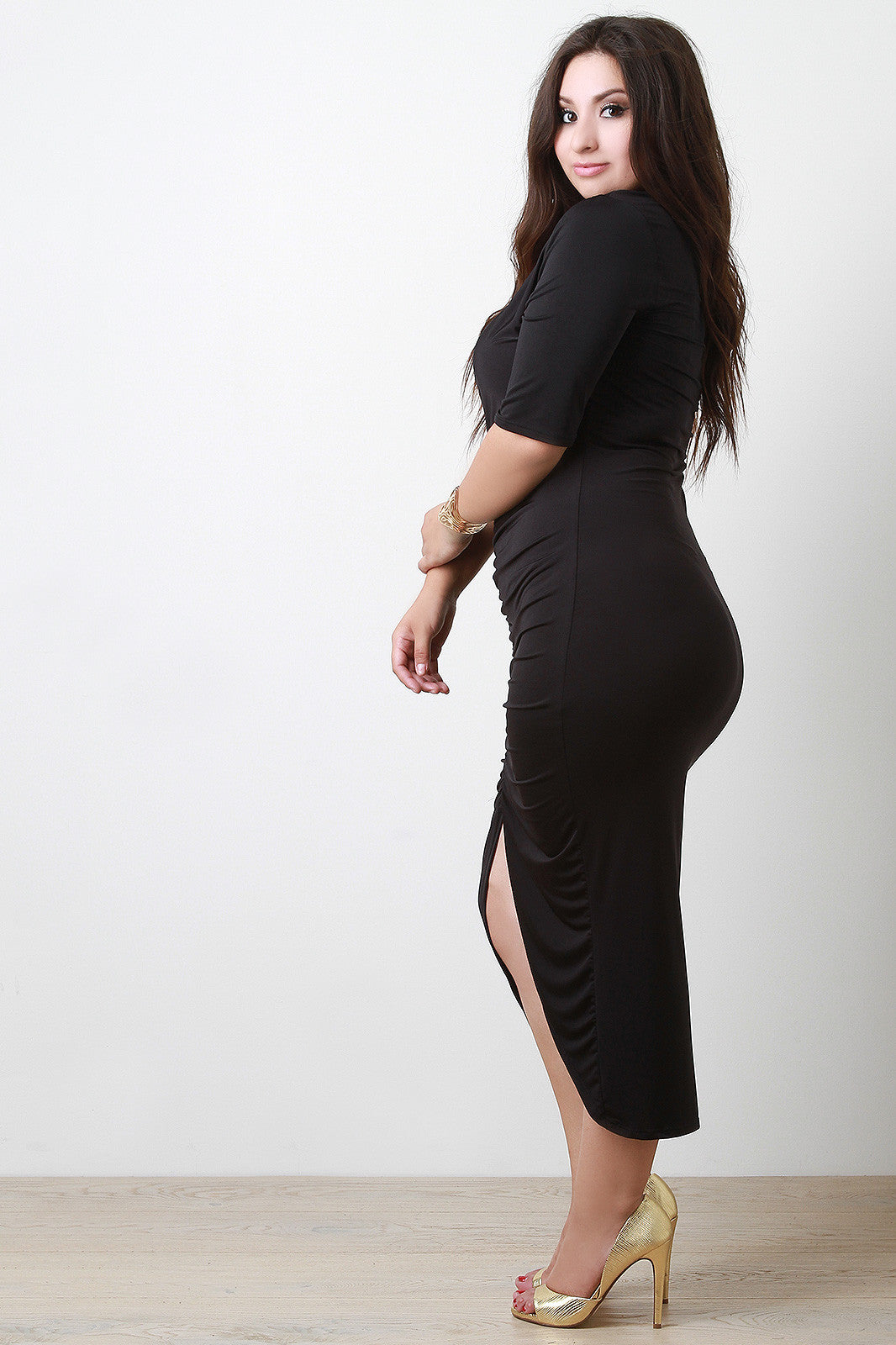 Plunging V-Neck Front Slit Ruched Dress