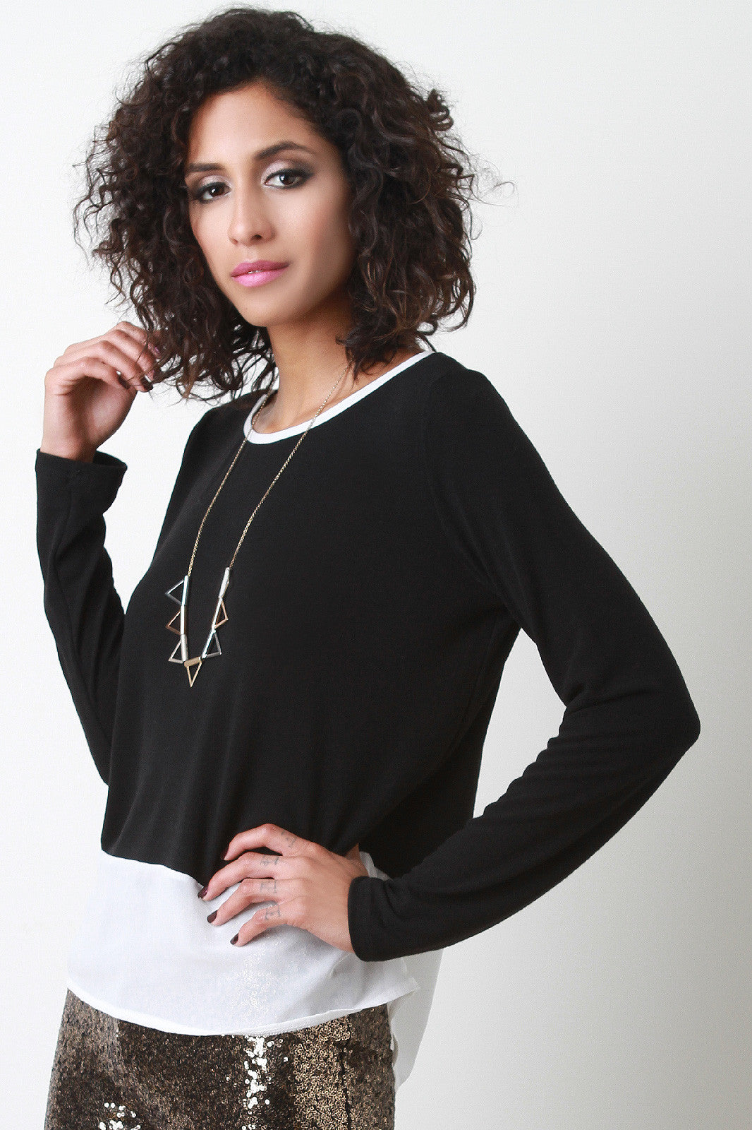Contrast Chiffon Hem Long Sleeve Top