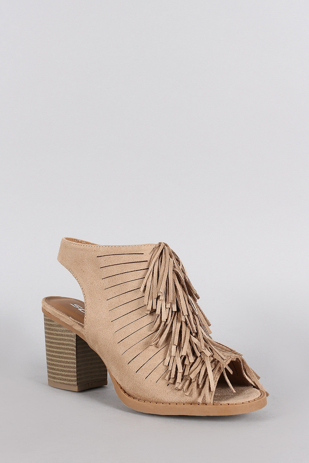 Soda Suede Fringe Peep Toe Mule Chunky Heel