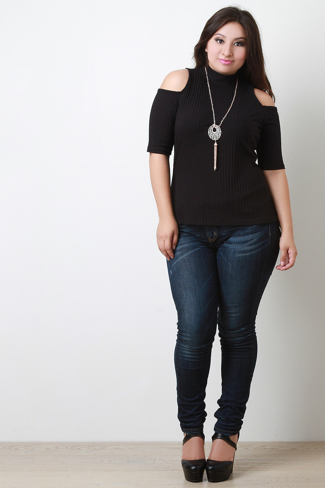 Necklace Ribbed Cold Shoulders Mock Neck Top