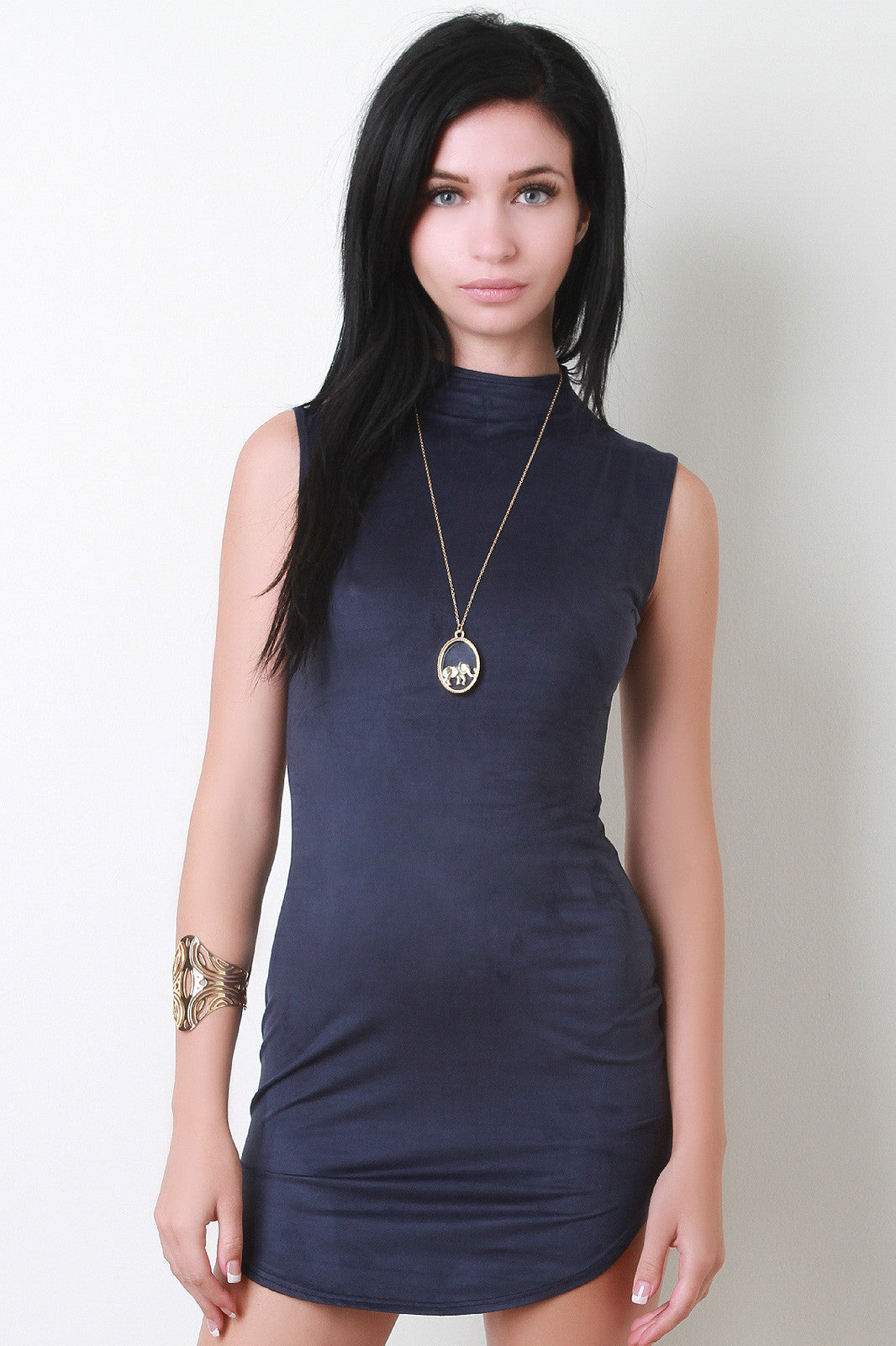 Vegan Suede Mock Neck Sleeveless Mini Dress