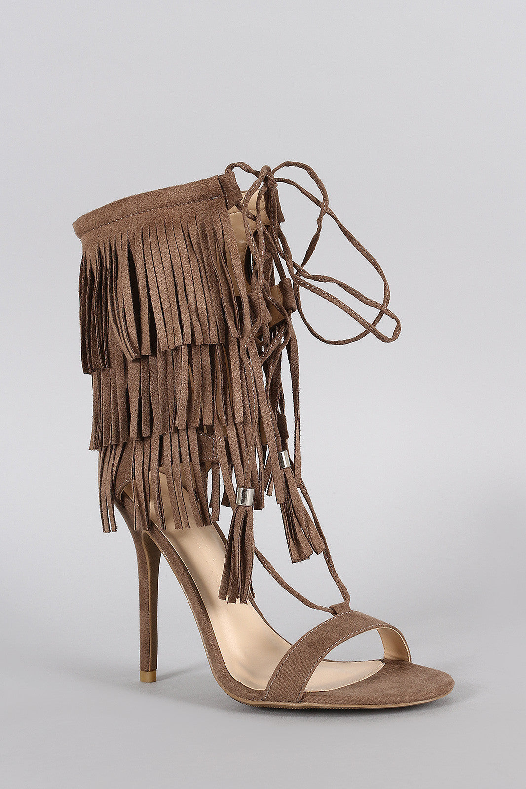 Wild Diva Lounge Fringe Cuff Tassel Lace Up Open Toe Heel