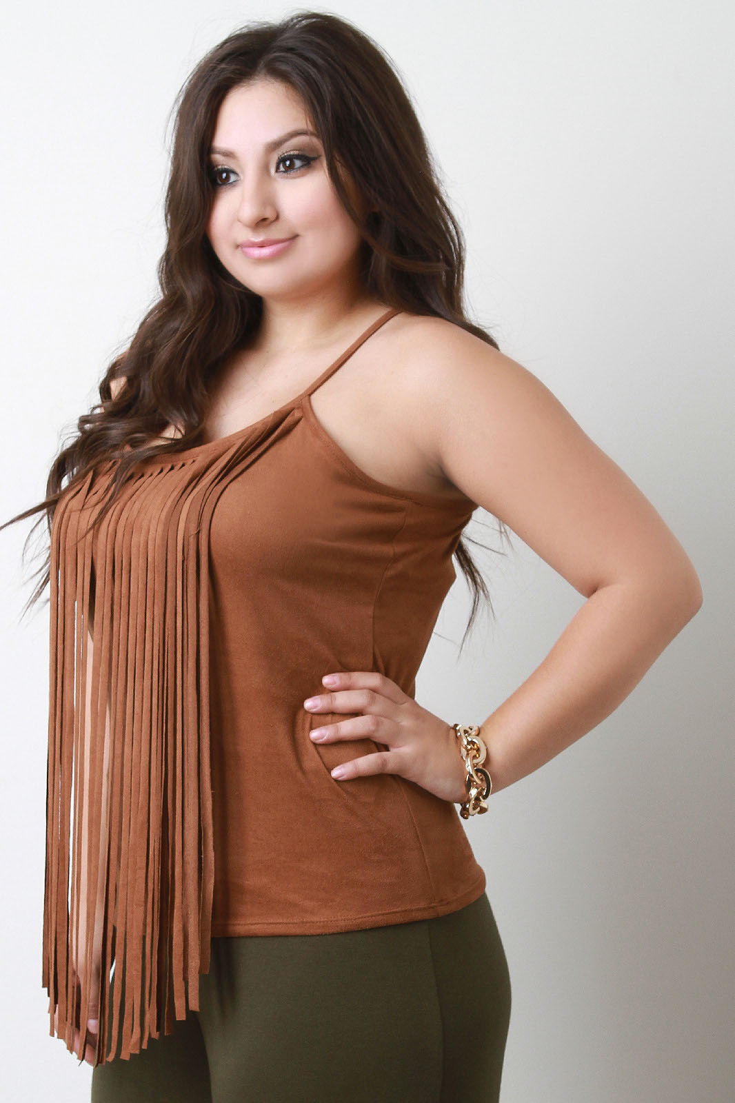 Suede Fringe Neckline Sleeveless Top