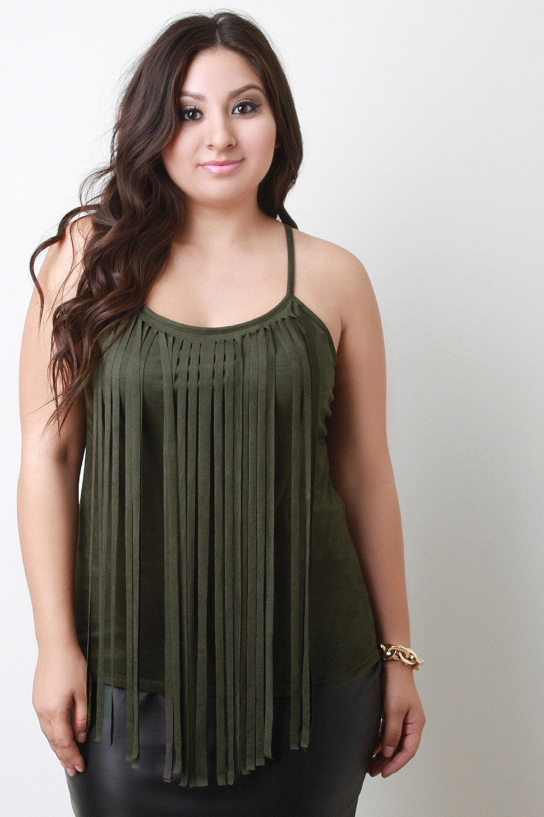 Suede Fringe Neckline Sleeveless Top