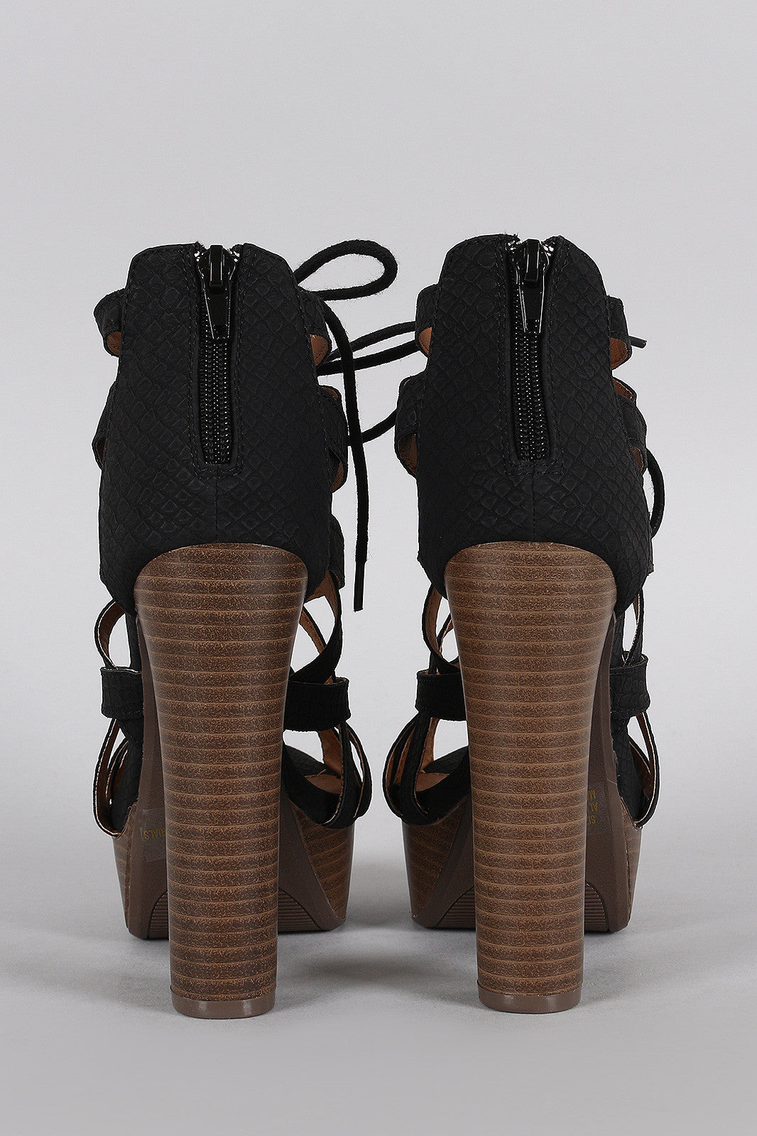 Qupid Snake Caged Lace Up Platform Chunky Heel