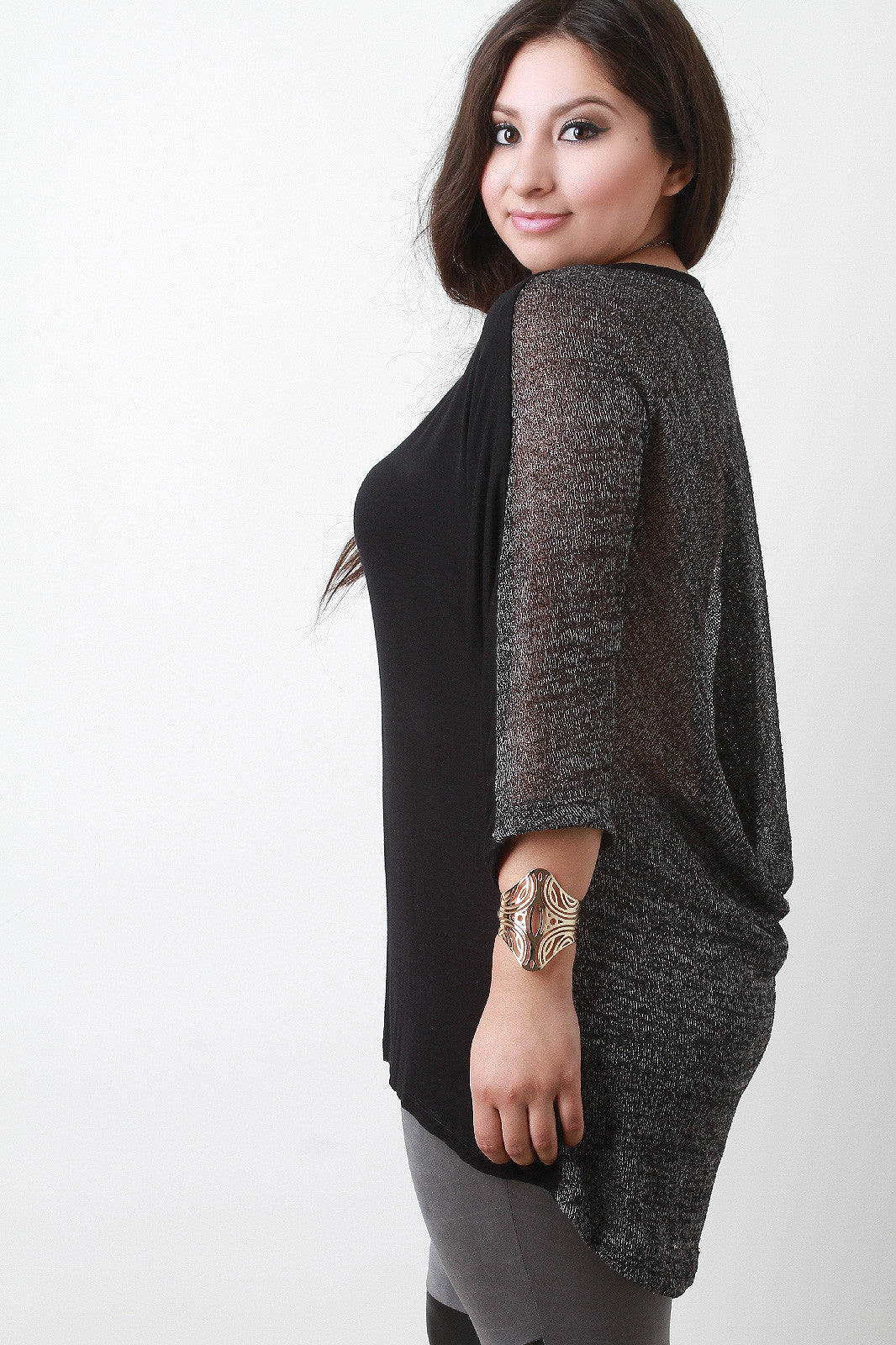 Back Contrast Loose Knit Dolman Sleeves High Low Top