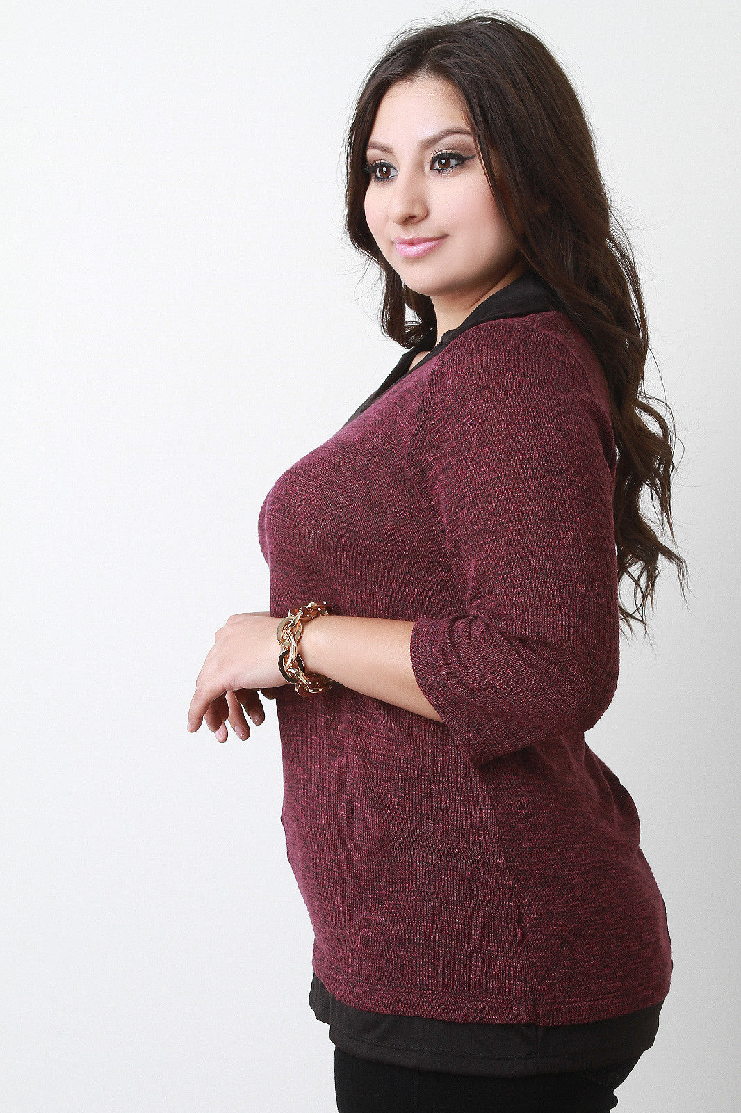 Marled Collar Quarter Sleeves Layered Contrast Top