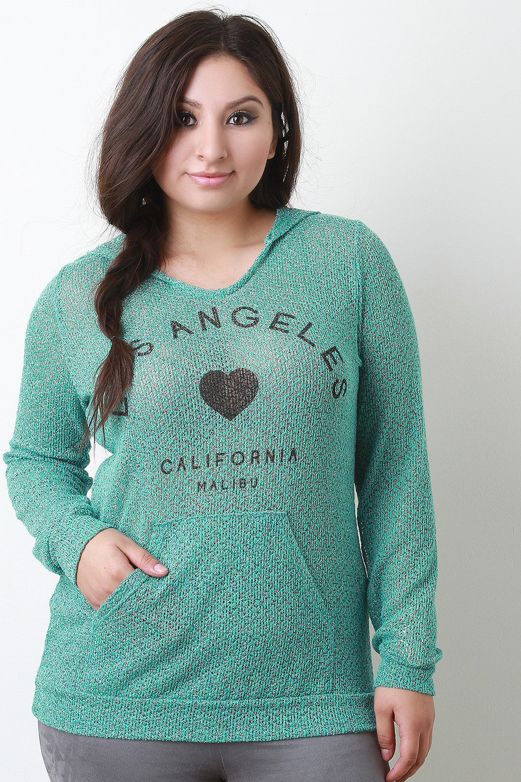 Marled Loose Knit Graphic Long Sleeves Hooded Top