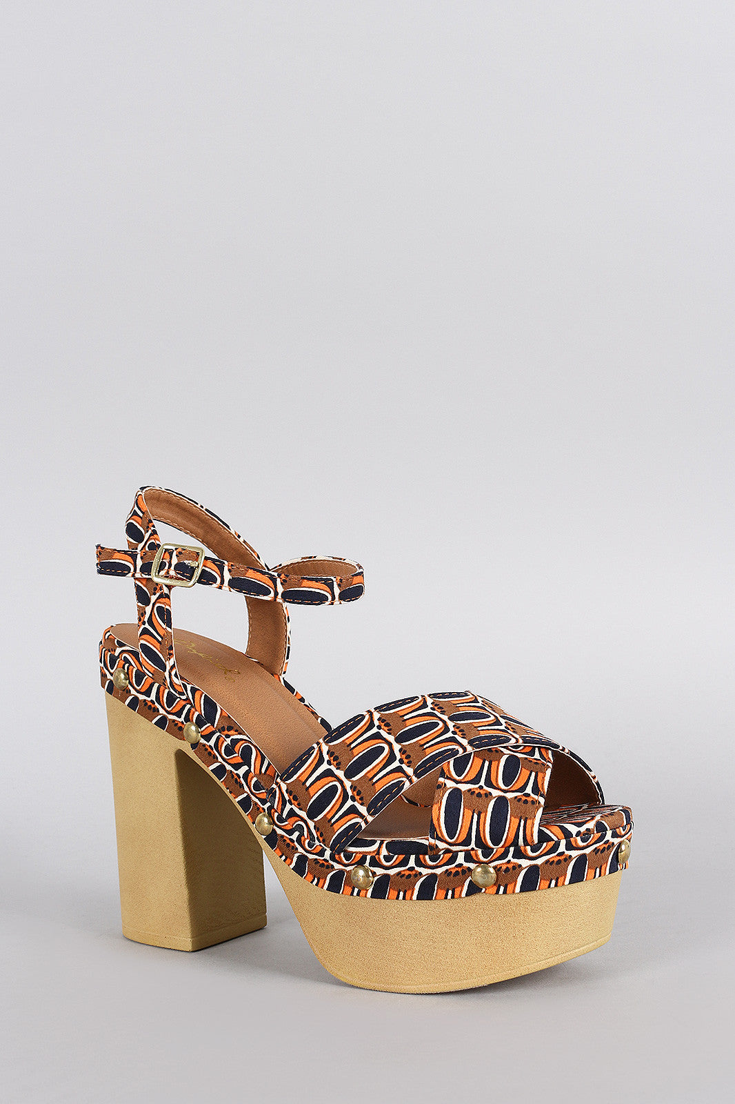 Qupid Abstract Print Studded Ankle Strap Chunky Platform Heel