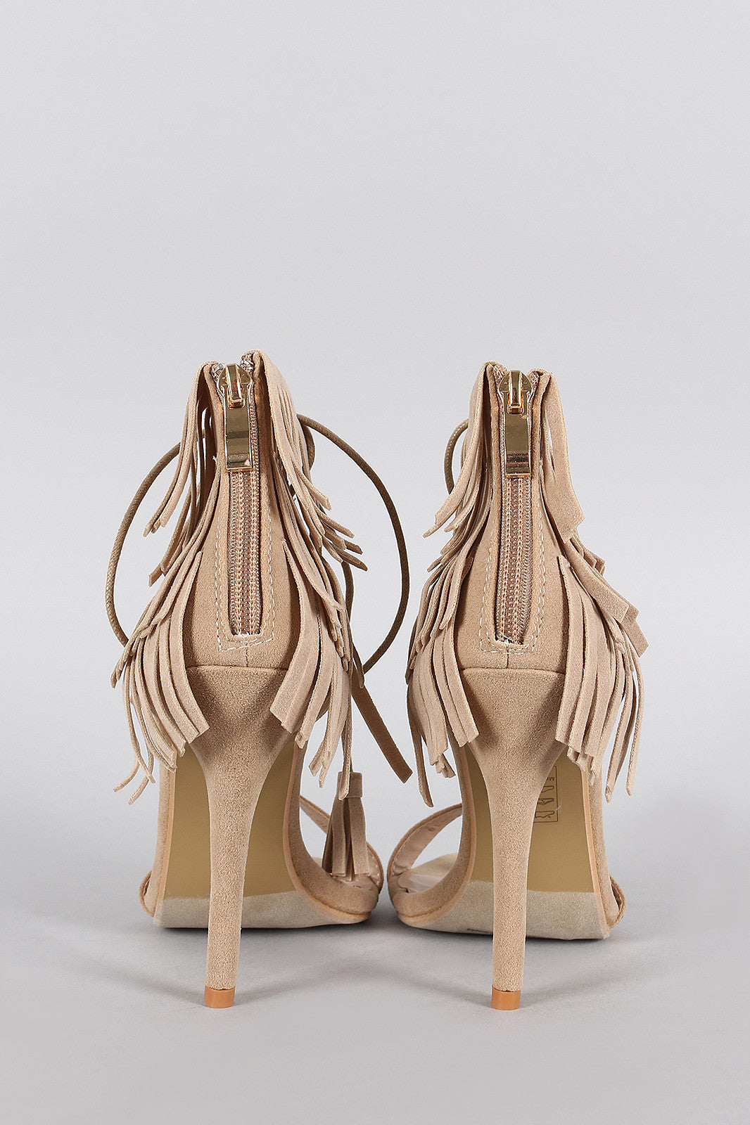 Suede Layered Fringe Lace Up Open Toe Heel