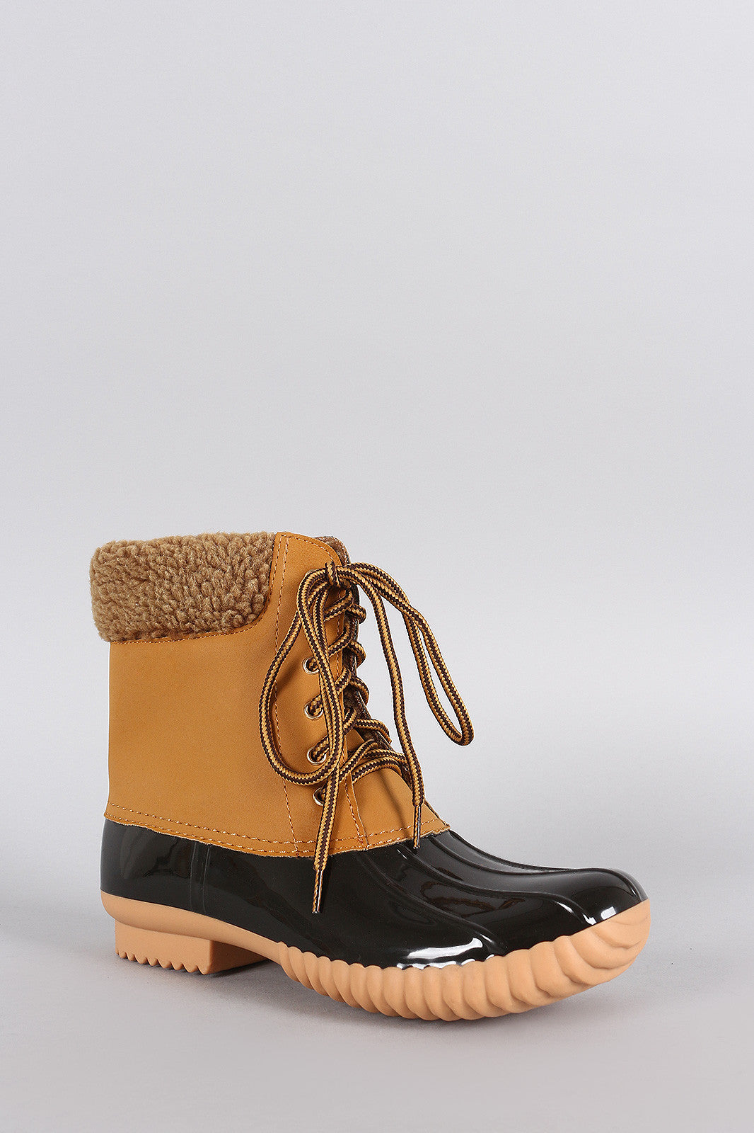 Faux Shearling Cuff Lace Up Duck Ankle Boots