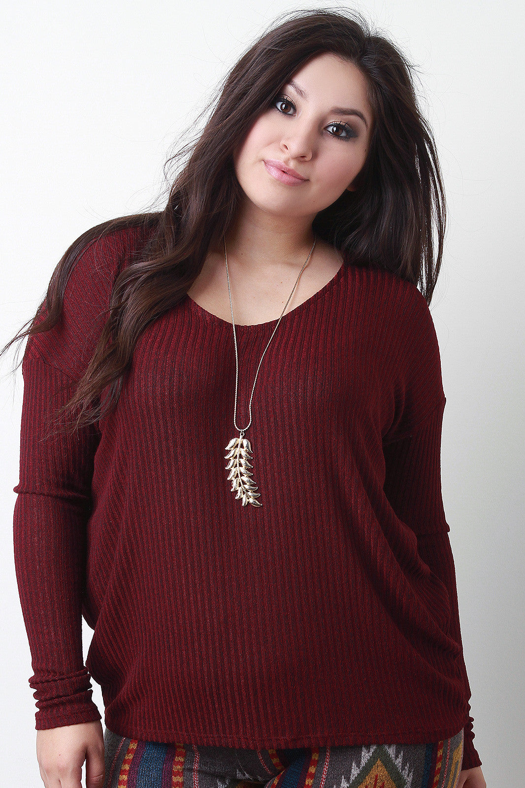 Ribbed Knit Scoop Neck Long Dolman Sleeves Top