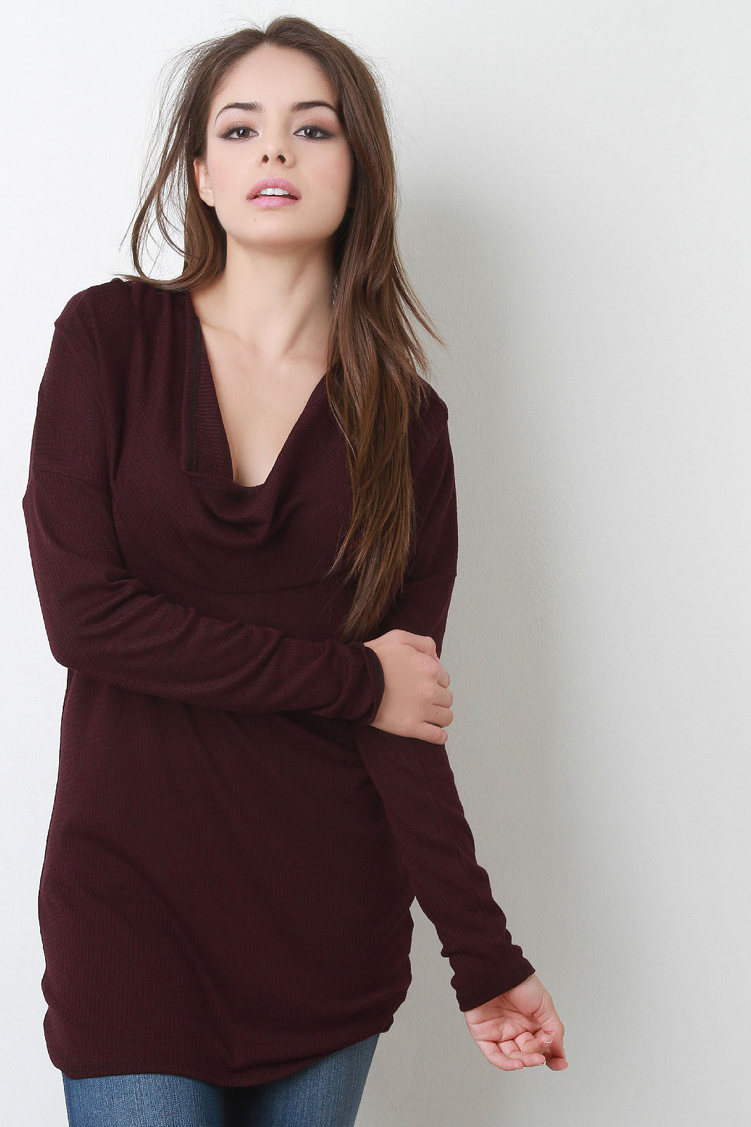 Cowl Hood Ribbed Long Sleeve Top