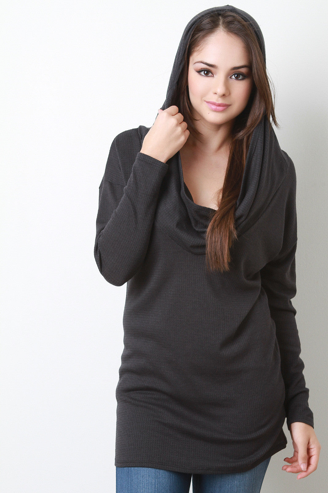 Cowl Hood Ribbed Long Sleeve Top