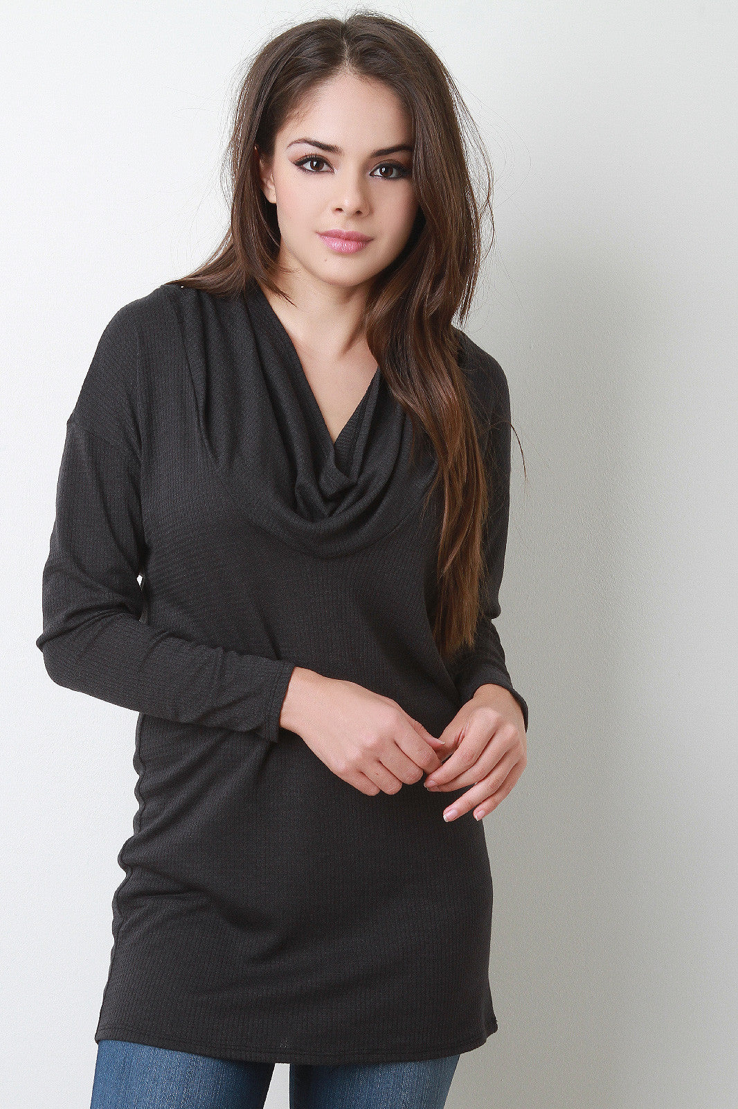 Cowl Hood Ribbed Long Sleeve Top