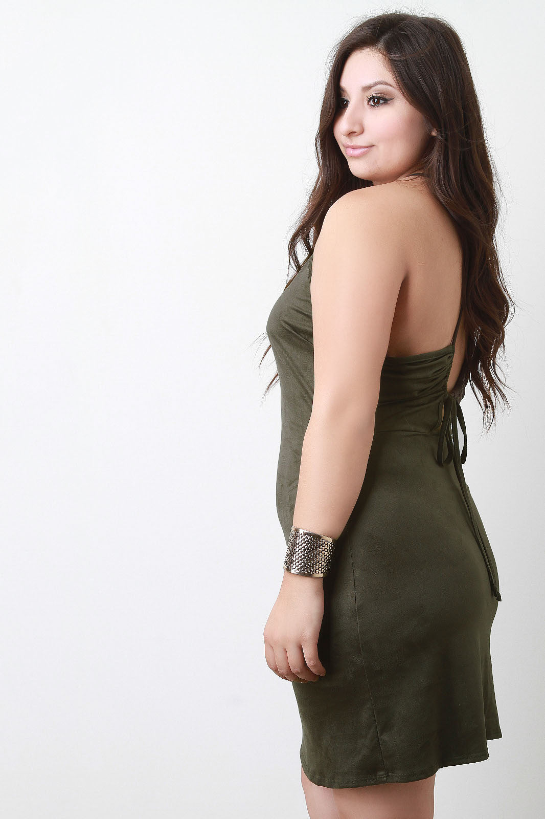 Drawstring Back Strappy Suede Mini Dress