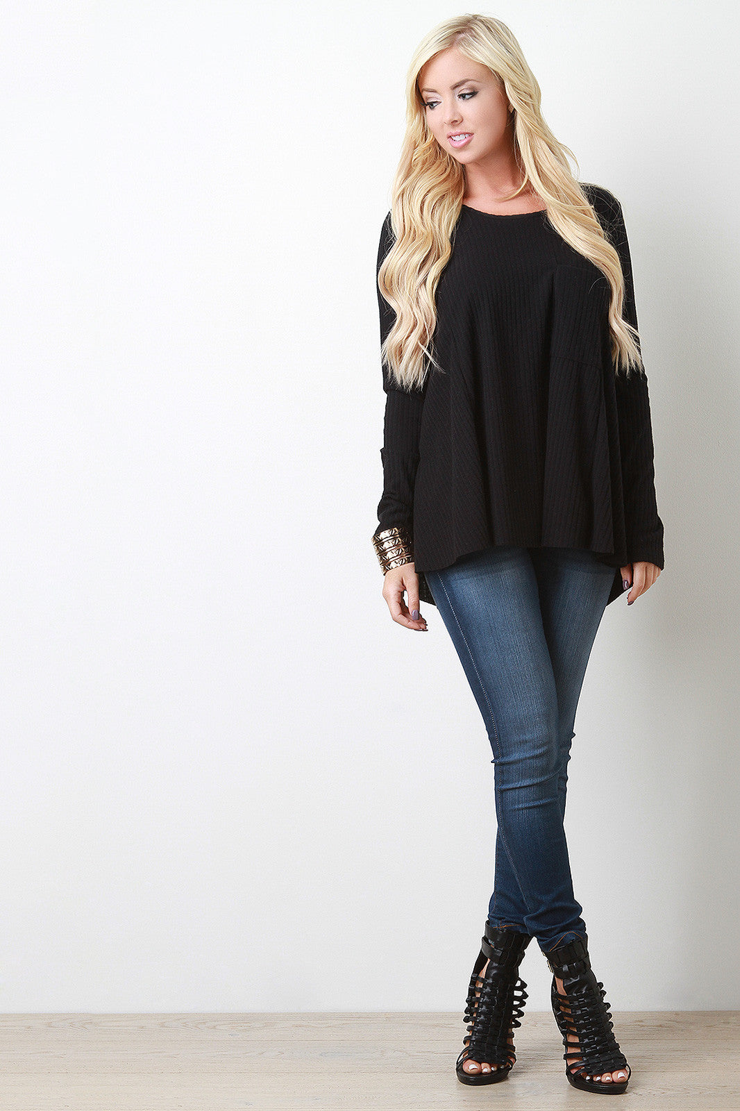 Ribbed Knit Pocket Long Sleeves High Low Babydoll Top