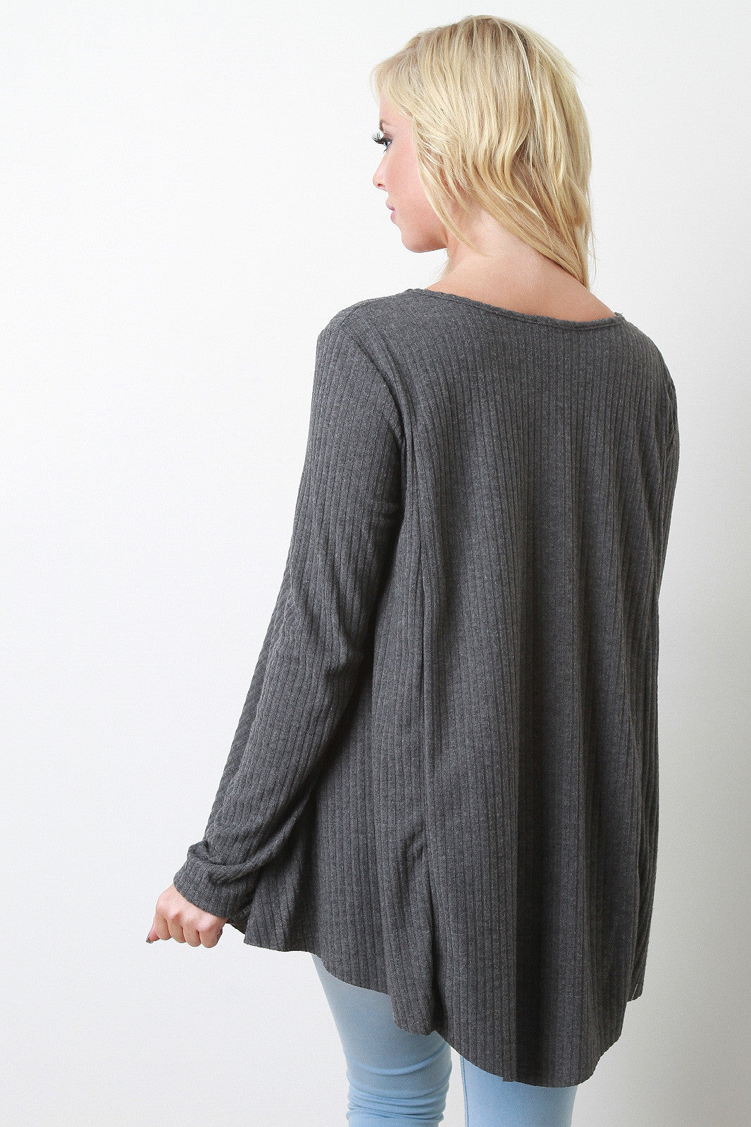 Ribbed Knit Pocket Long Sleeves High Low Babydoll Top