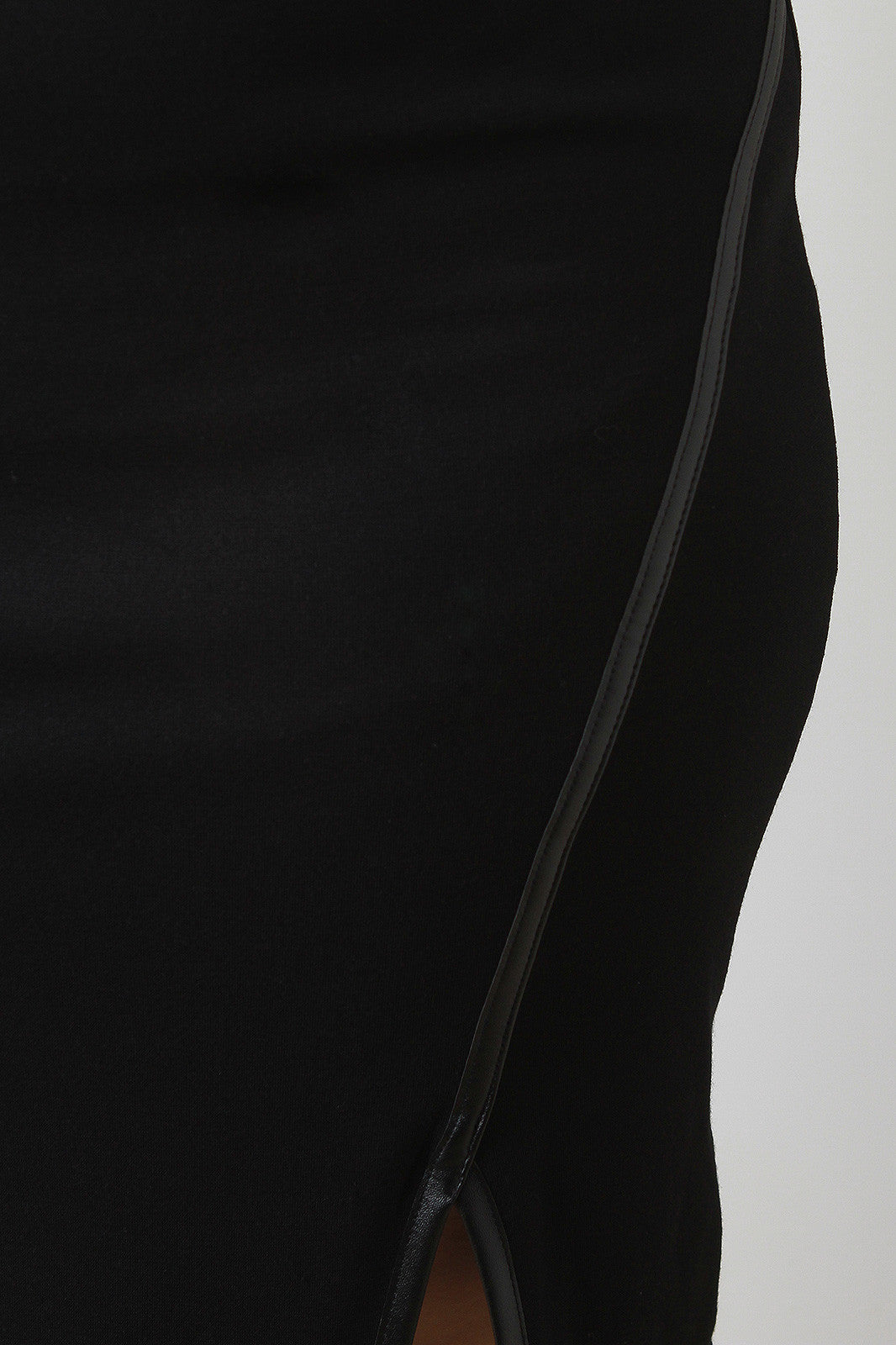 Asymmetrical Hem Vegan Leather Trim Slit Midi Skirt
