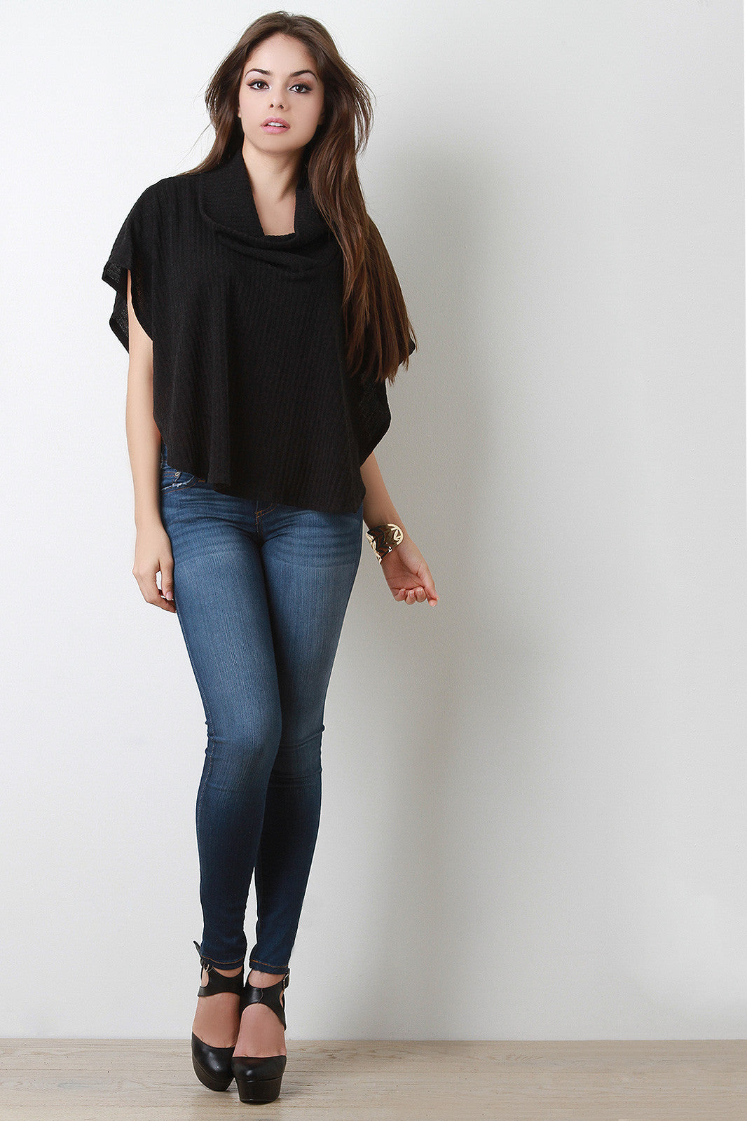 Ribbed Knit Cowl Neck Poncho Top