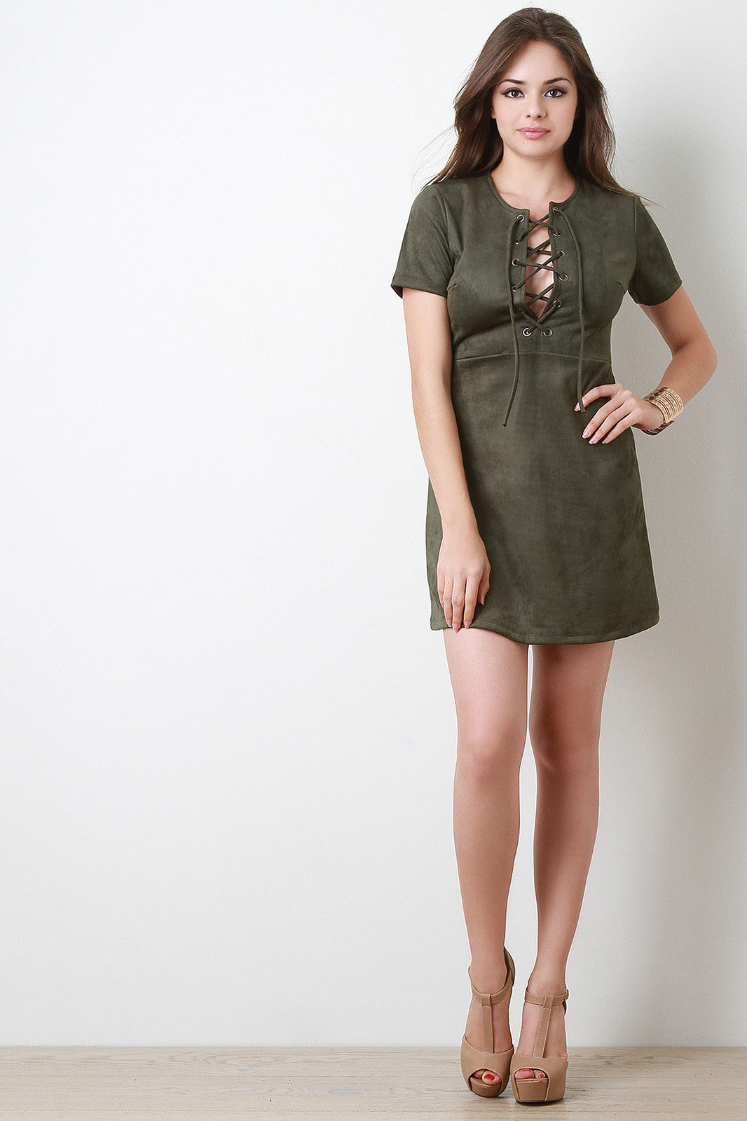 Suede Lace Up Bodice A-Line Dress