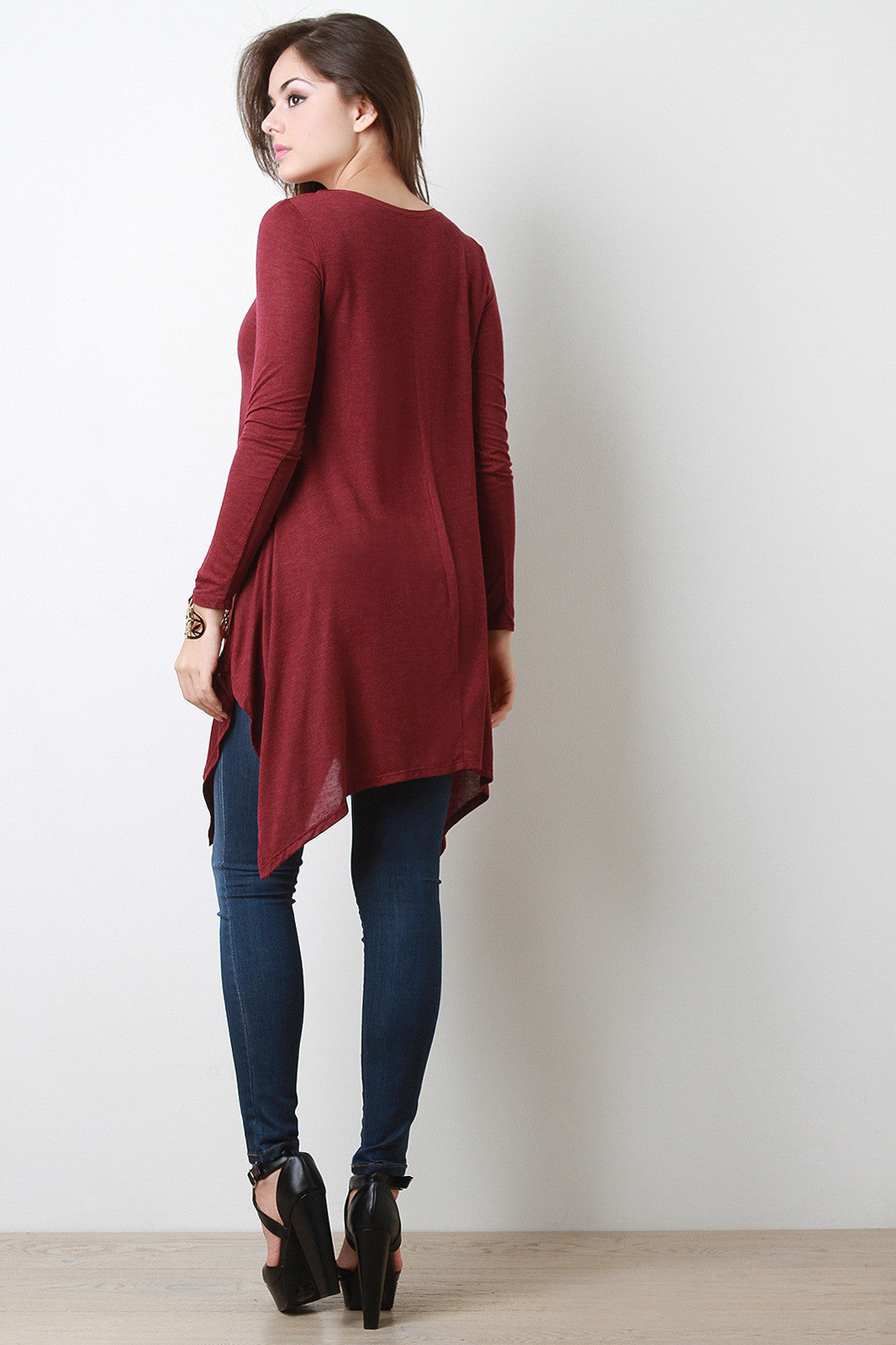 V-Neck Handkerchief Hem Long Sleeve Top