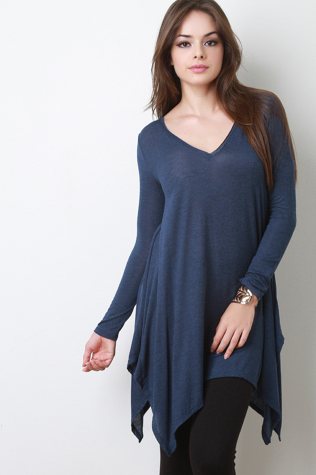 V-Neck Handkerchief Hem Long Sleeve Top