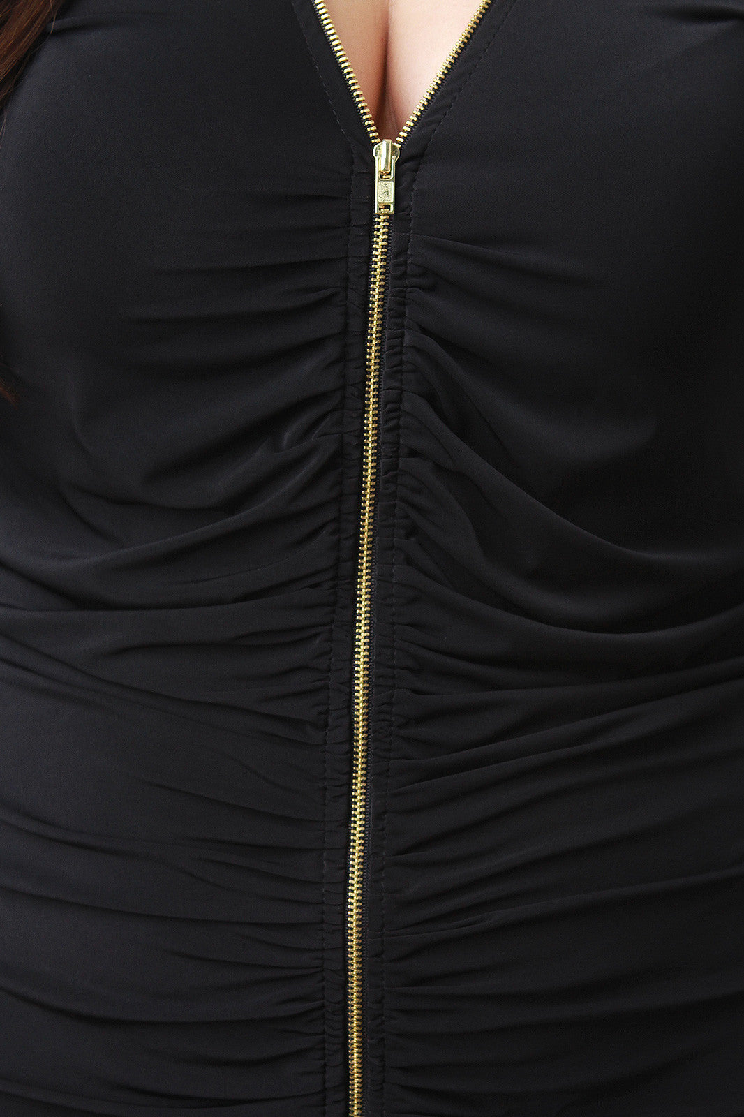 Zipper Front Runched Midi Dress